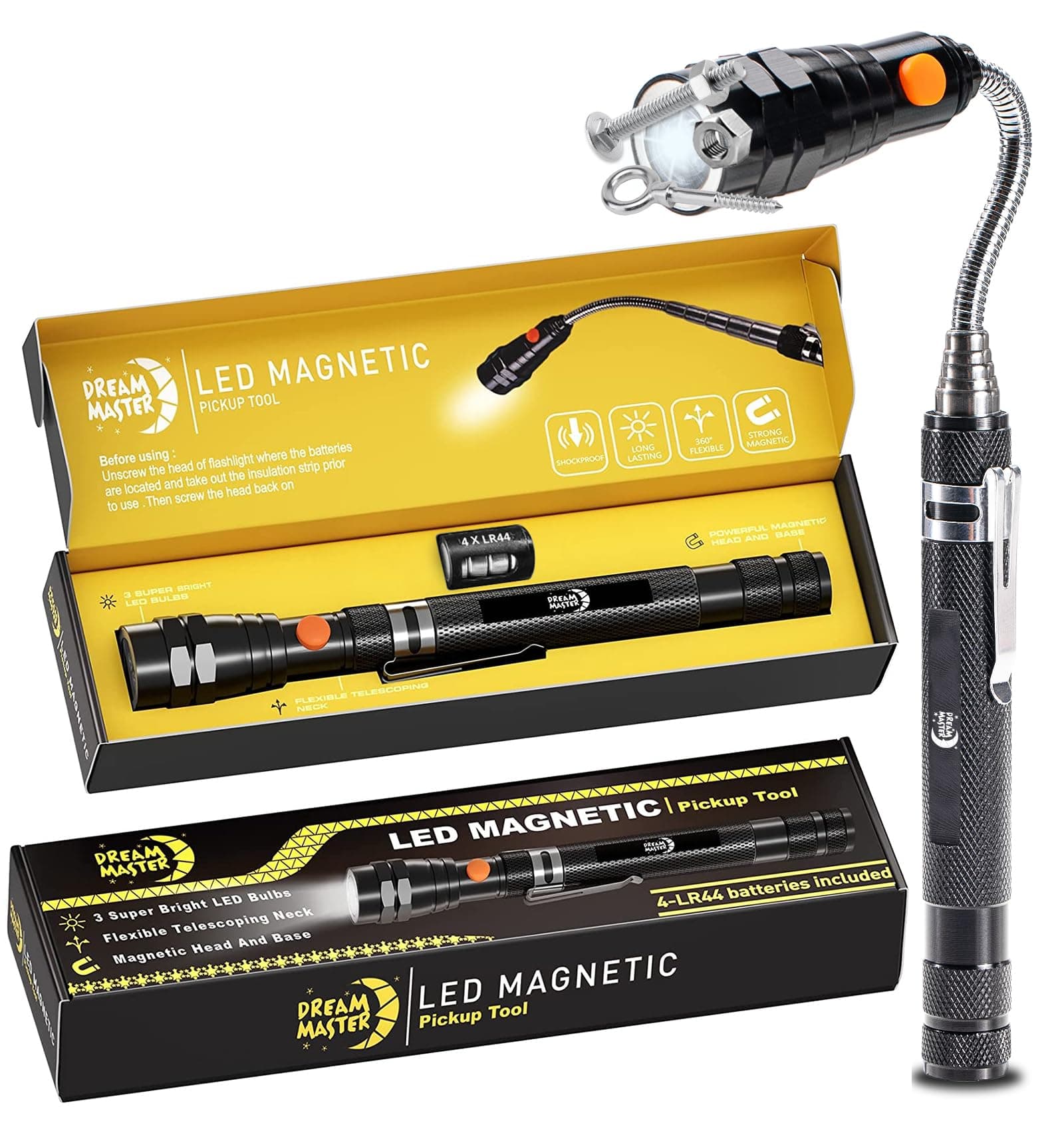 DREAM MASTER Magnet 3 LED Magnetic Pickup tool,Unique Christmas Gift for Men, DIY Handyman, Father/Dad, Husband, Boyfriend, Him, Women, 4 x LR44 Batteries (Includes 4 spare batteries) 1Pack