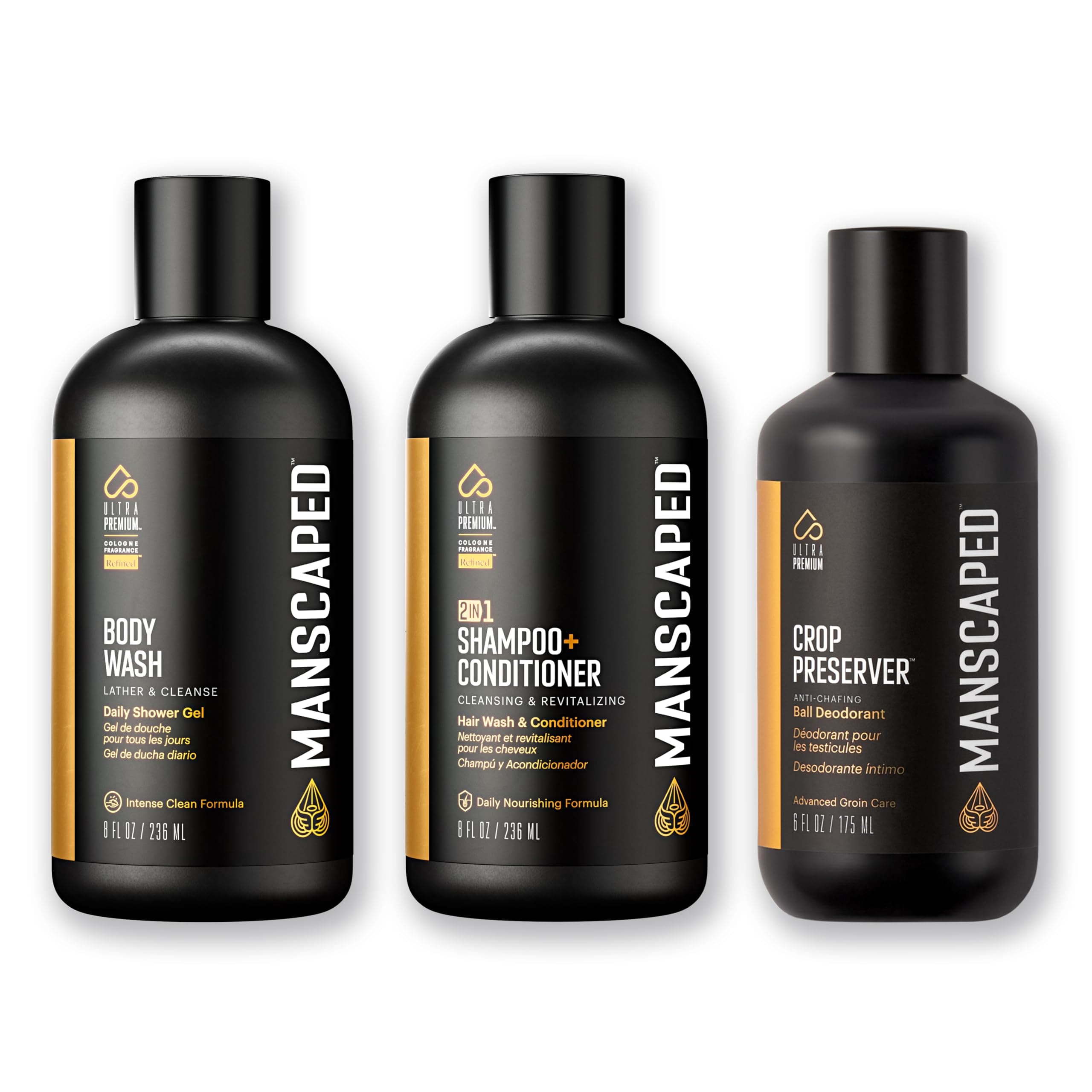 MANSCAPED® Fresh Start Kit, Men’s Daily Shower & Deodorant Set with Body Wash (8oz), 2-in-1 Shampoo & Conditioner (8oz), Crop Preserver® Ball Deodorant (6oz) – Hydrating, Anti-Chafing, Refined® Scent