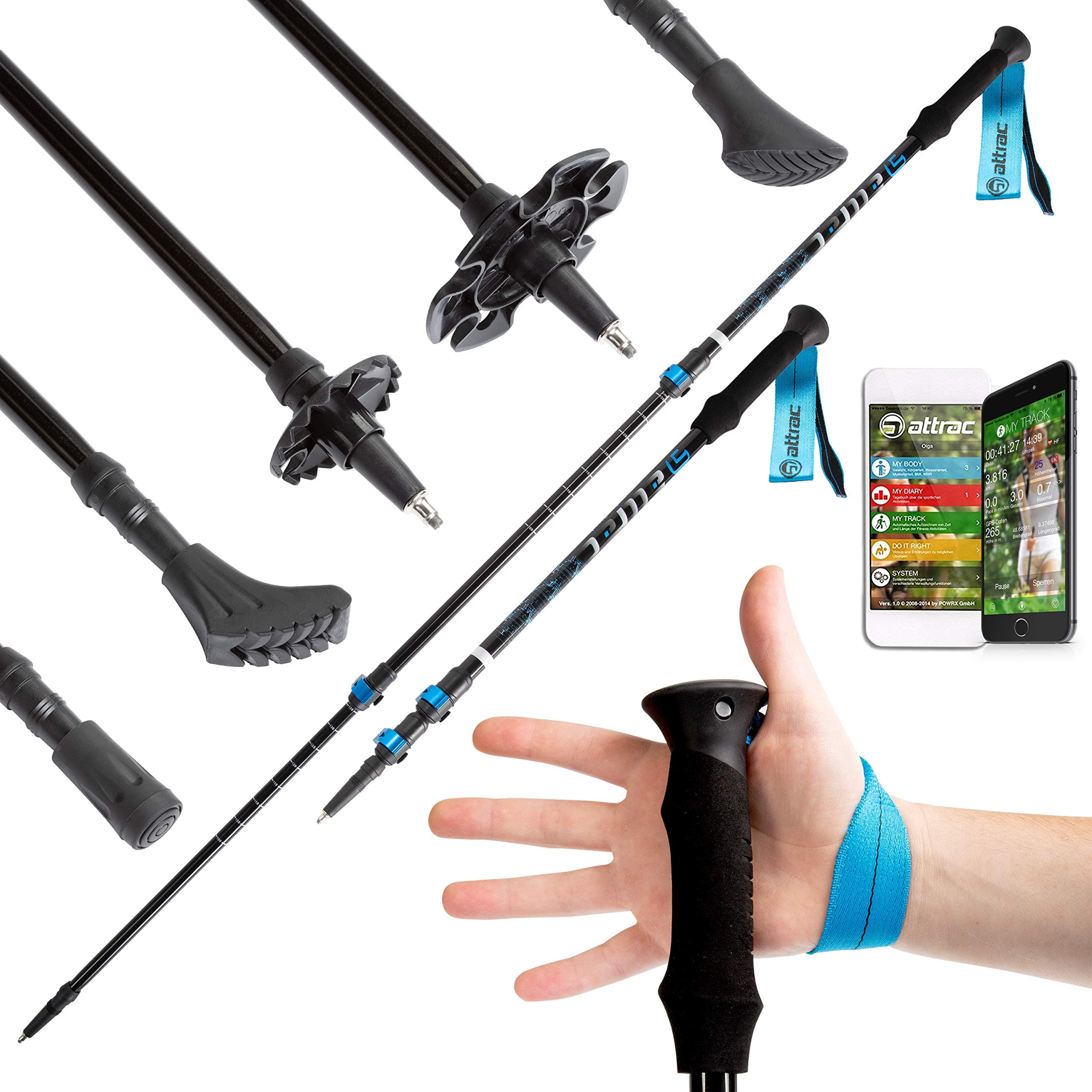 Hiking poles telescopic adjustable with wrist strap, quick lock, trekking poles, Nordic walking fitness app