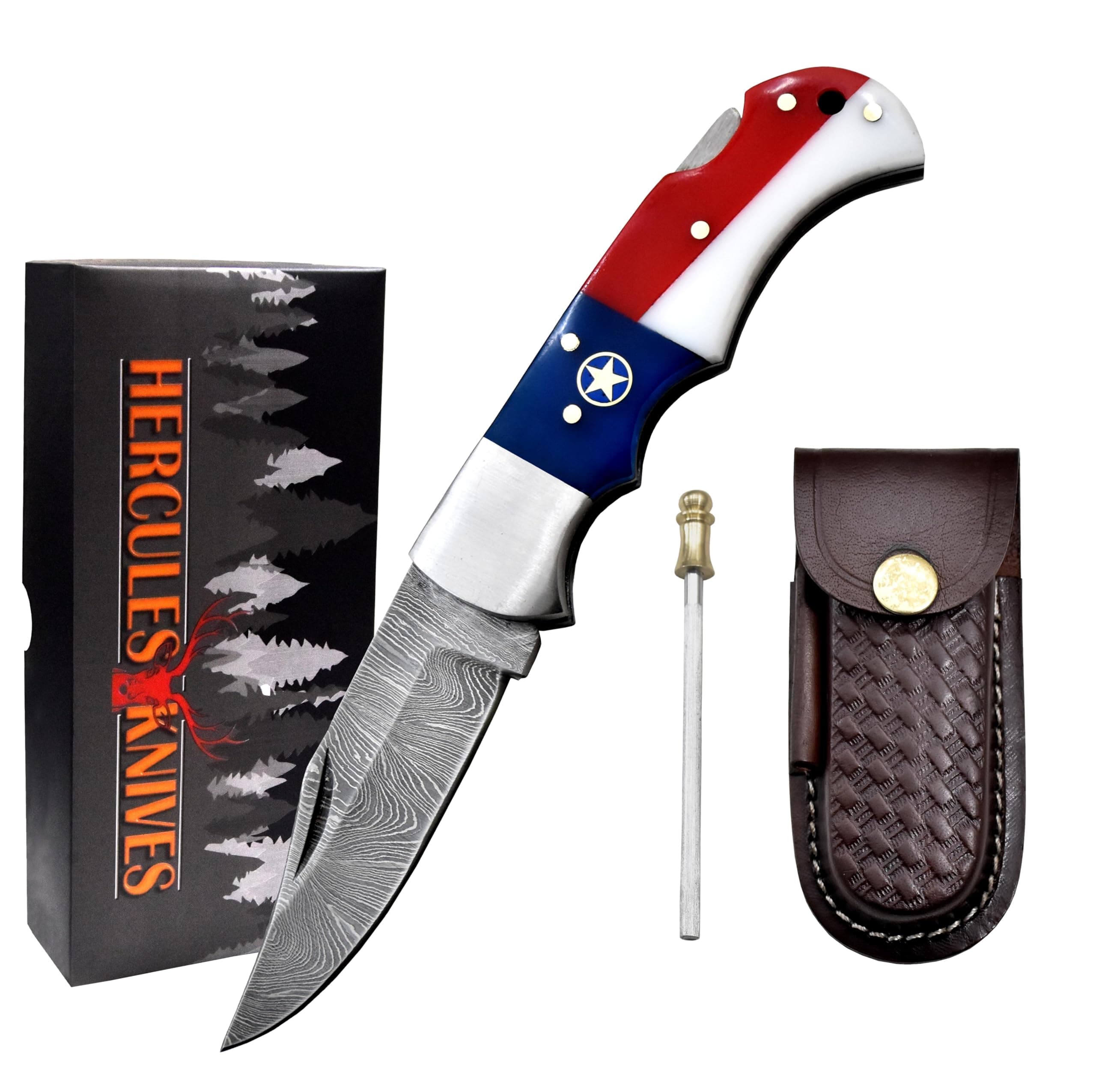 Damascus Steel Pocket Folding Knife Texas Flag Handle Leather Sheath Custom Hand Forged knives for Outdoor Survival Hunting, Camping, edc & Hiking Edge Sharpner Rod