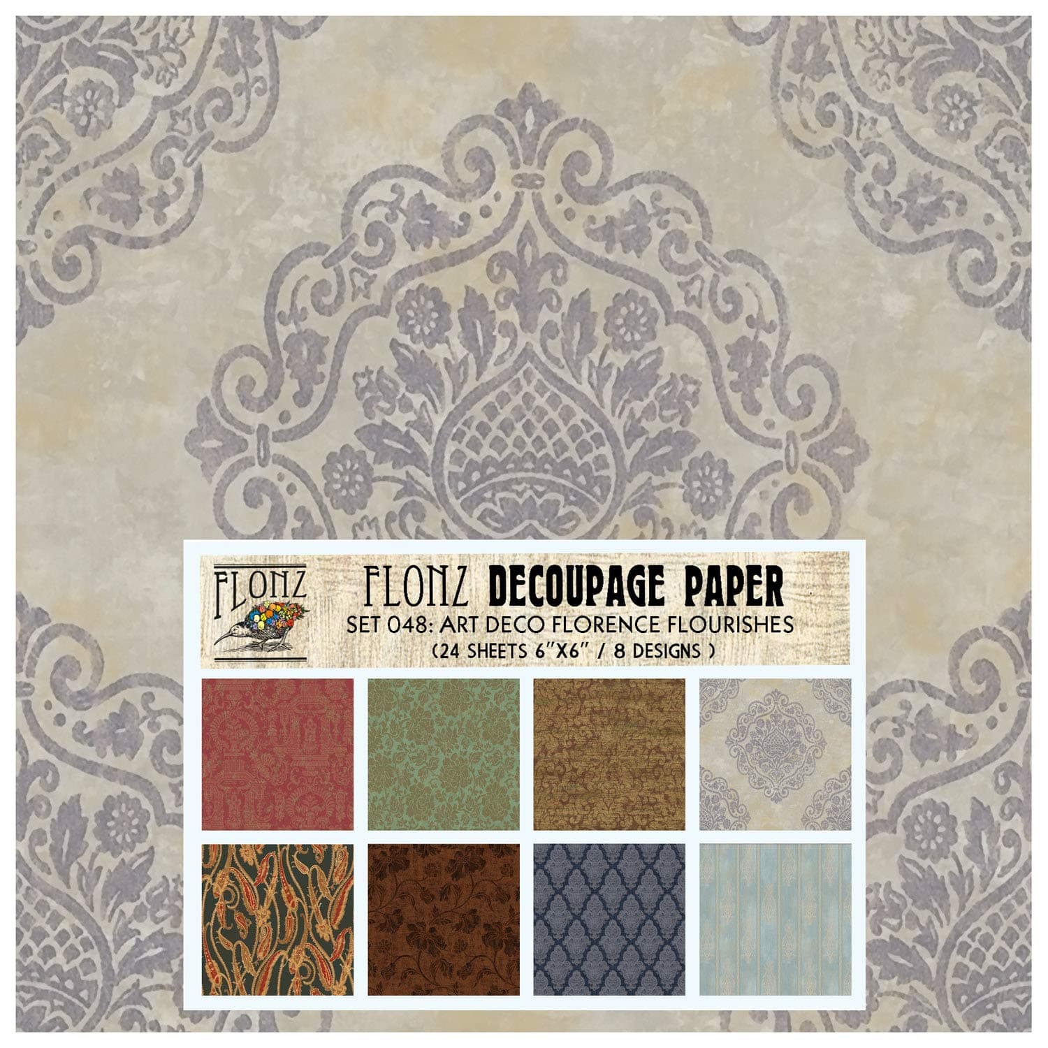 Flonz Decoupage Paper Pack (24 Sheets 6"x6") Art Deco Florence Flourishes Vintage Styled Paper for Decoupage, Craft and Scrapbooking