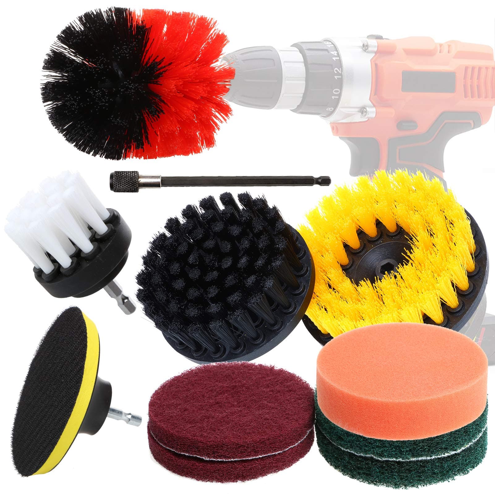 HOTOOLME Drill Brushes for Cleaning Drill Brush Attachment Set 11 pieces with Power Scrubber Nylon Brush,Pads connector,Sponge,Scrub Pads,Brush Extender