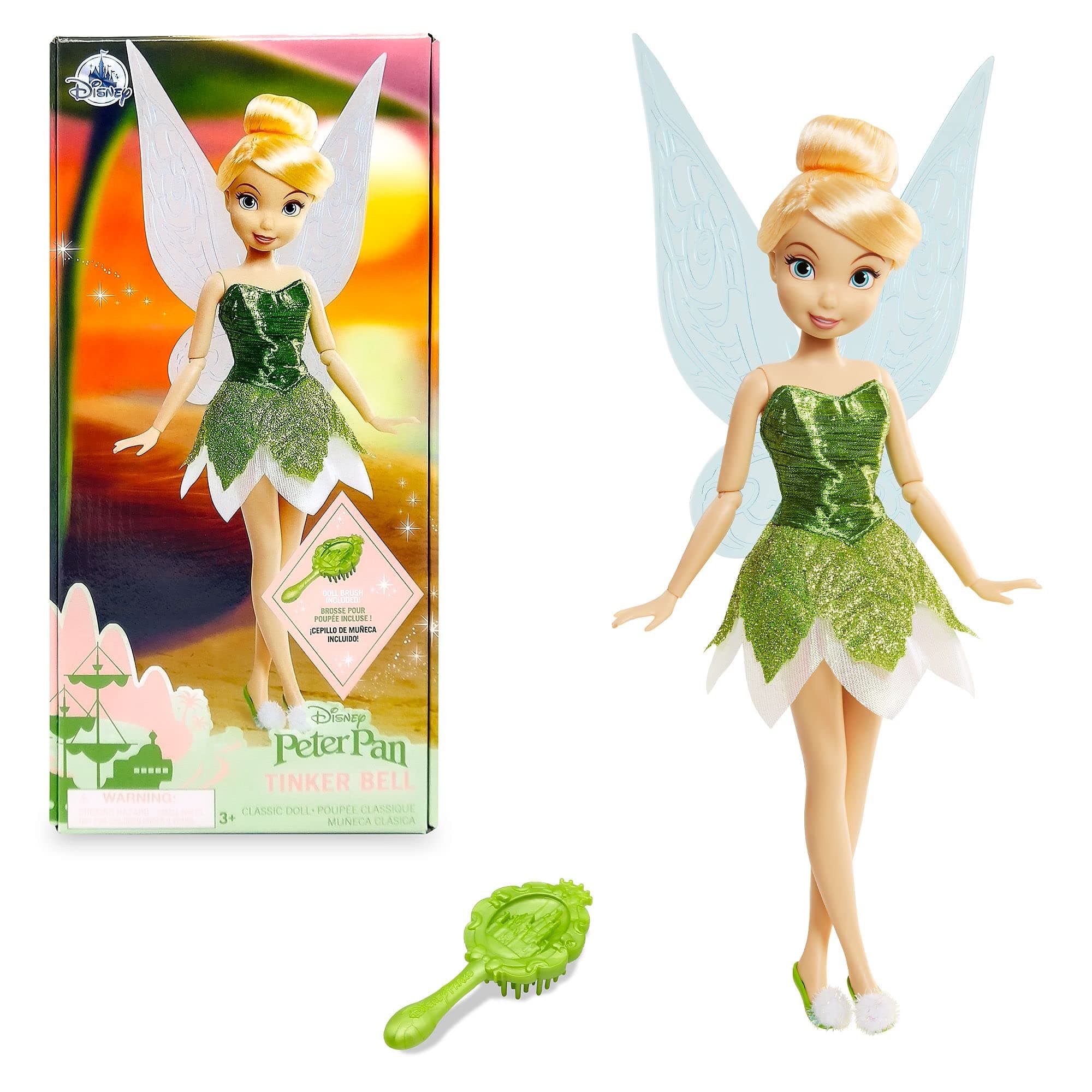 Official Tinker Bell Classic Doll for Kids, Peter Pan, 25.5cm/10”, Includes Brush with Moulded Details, Fully Posable Toy in Shimmery Green Dress - Suitable for Ages 3+