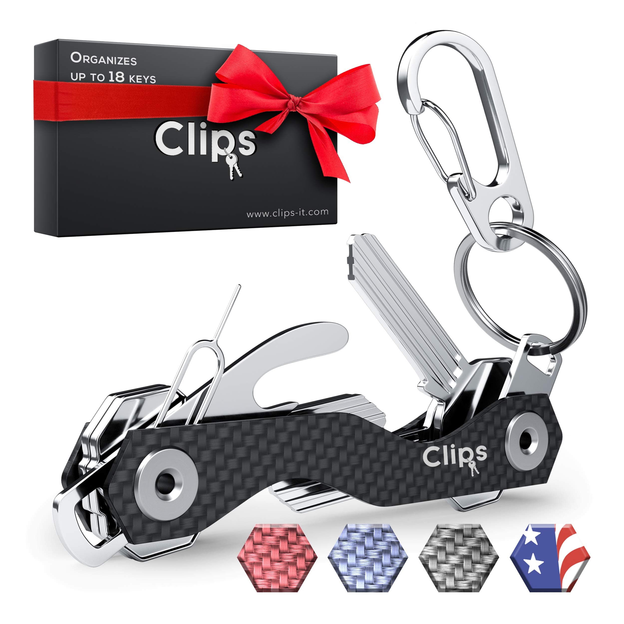 Clips Smart Compact Key Organizer Holder Keychain - Made of Carbon Fiber & Stainless Steel- Pocket Organizer Up to 28 Keys- Lightweight, Strong includes Bottle Opener, Carabiner & More (A - Black)