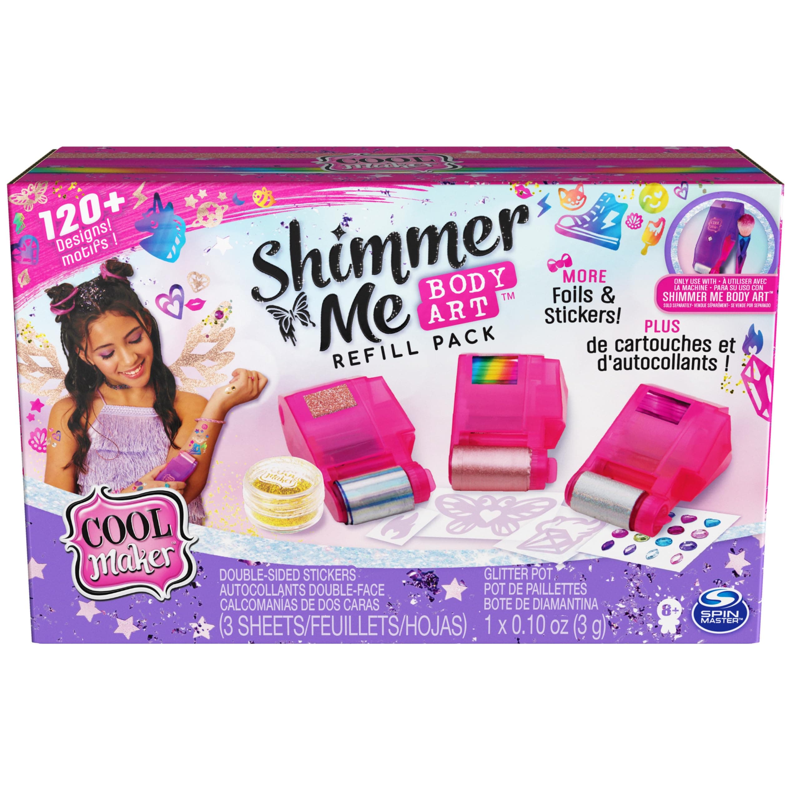 Cool Maker, Shimmer Me Body Art Refill Pack with Exclusive Glitter, 3 Metallic Foils, Over 120 Designs, Temporary Tattoo Kids Toys for Ages 8 and up