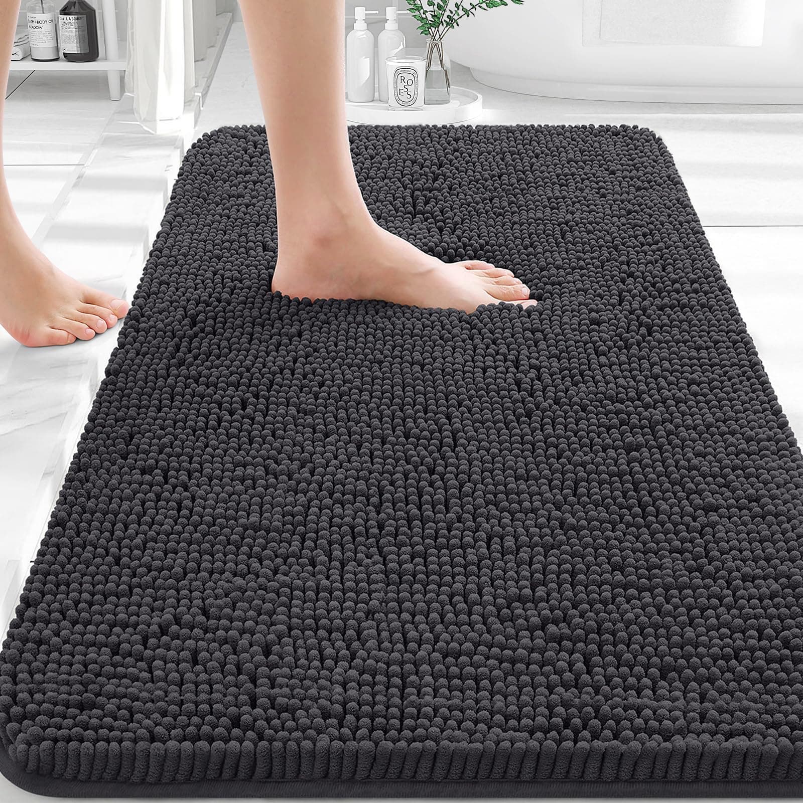 Bathroom Rugs 30x20, Extra Soft Absorbent Chenille Bath Rugs, Rubber Backing Quick Dry, Machine Washable Bath Mats for Bathroom Floor, Tub and Shower, Home Decor Accessories, Dark Grey