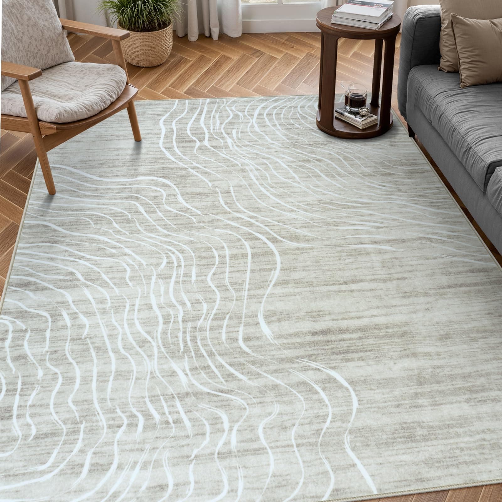 LIVEBOX Machine Washable Modern Abstract 6x9 Area Rug Clearance, Non Slip Large Bedroom Living Room Nursery Girl Rug Minimalist Wave Striped Neutral Boys Rug, Carpet for Playroom(Beige,6'x9')