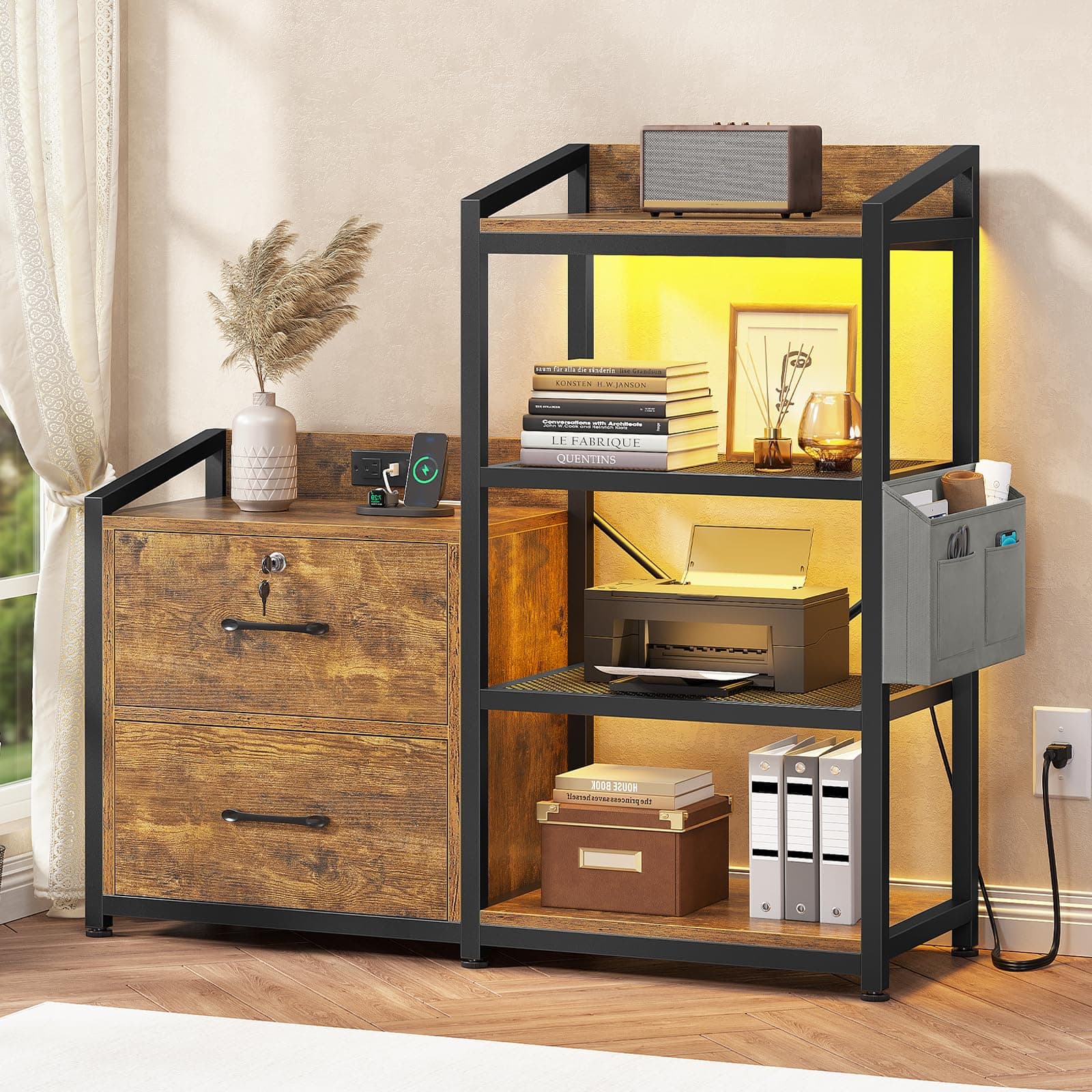 35.4” File Cabinet, Filing Cabinet fits Letter/A4 Size, 2 Drawe File Cabinets for Home Office with Power Strip, LED Lights, Lock, Open Shelf, Rustic Brown