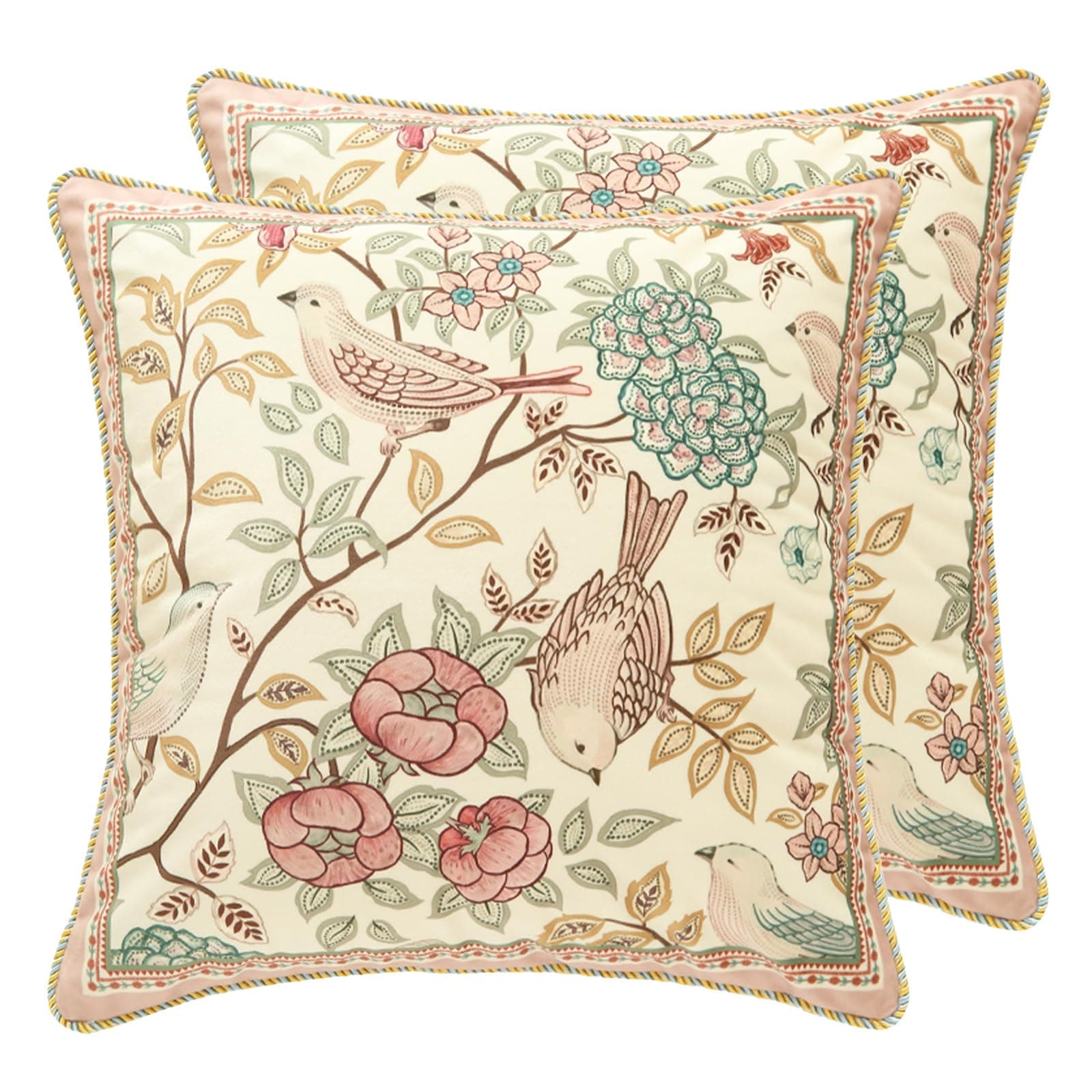 Velvet Euro Sham Decorative Throw Pillow Covers Set Soft Durable Cushion Cases Pillowcase for Couch Bedroom Car (2 Pack Pink Floral Bird)