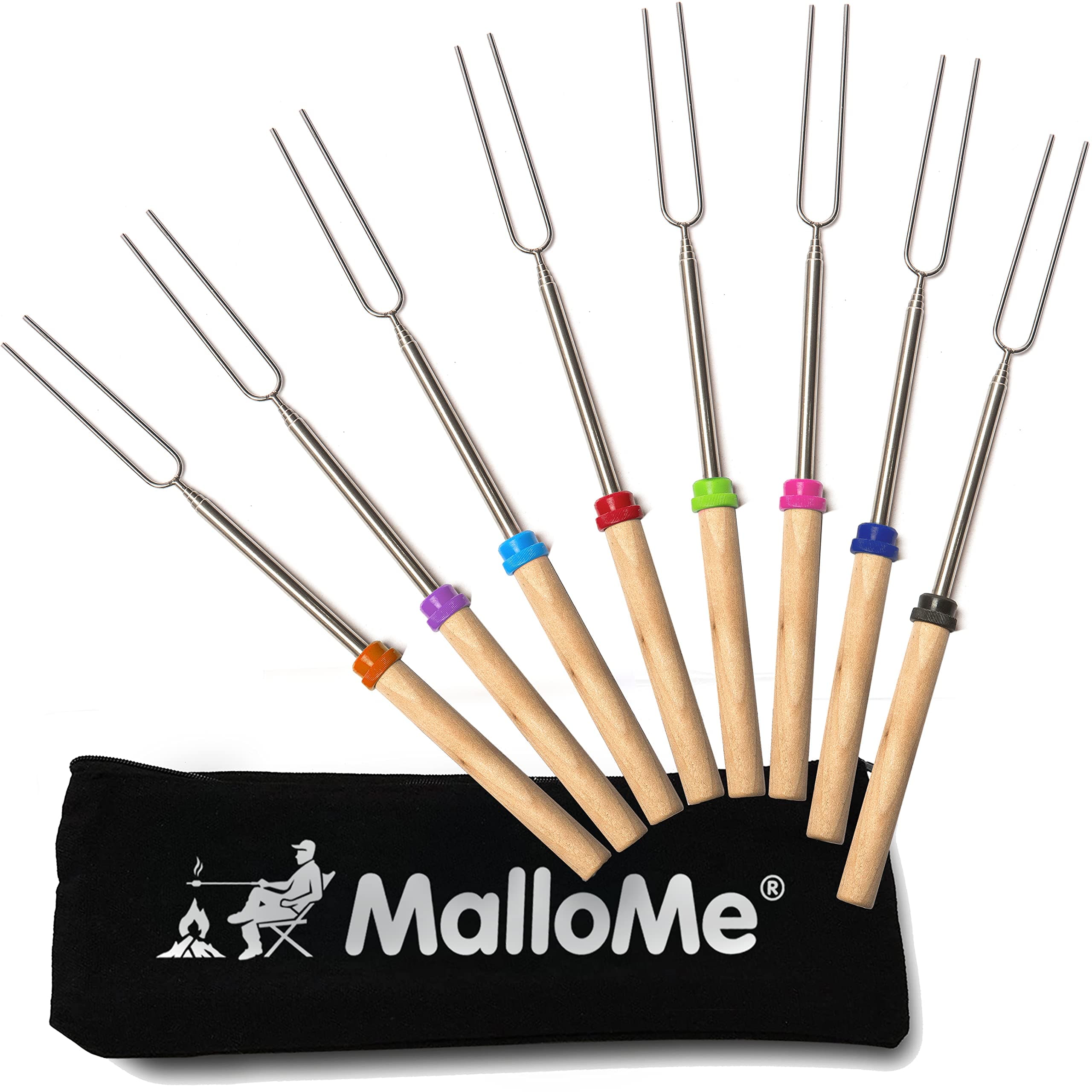 MalloMe Marshmallow Roasting Sticks Extending Roaster Set of 8 Telescoping Smores Skewers Hot Dog Forks 32 Inch Fire Pit Accessories Camping Cookware Campfire Cooking Kids Fireplace Kit FREE Canvas Pouch 10 Bamboo Sticks Ebook
