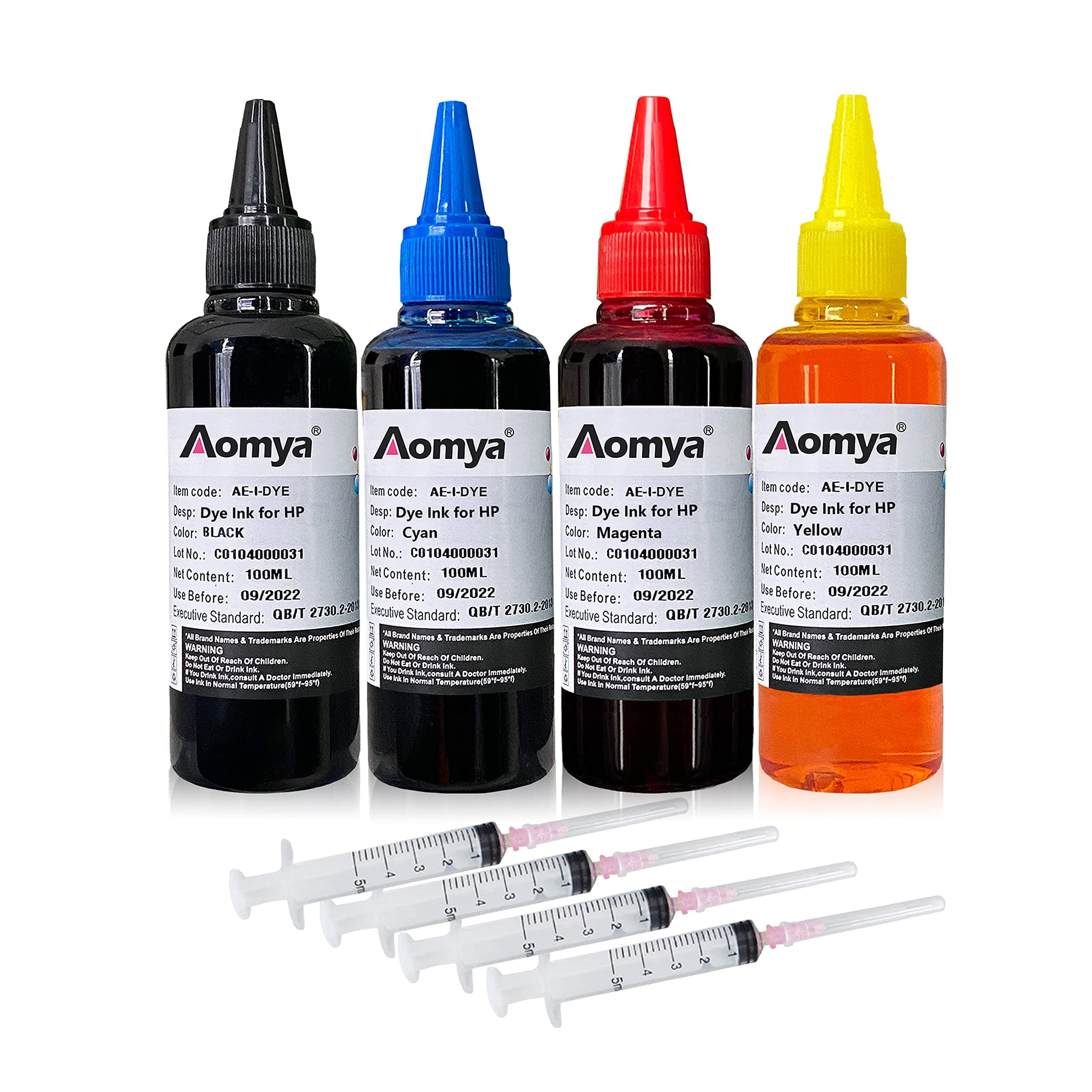 Aomya Refill Ink Kit 100ml for HP 61 60 62 63 950 951 564 920 901 Inkjet Printer Cartridges for Refillable Ink Cartridges or CIS CISS System 4 Color Set with 4 Free Syringes