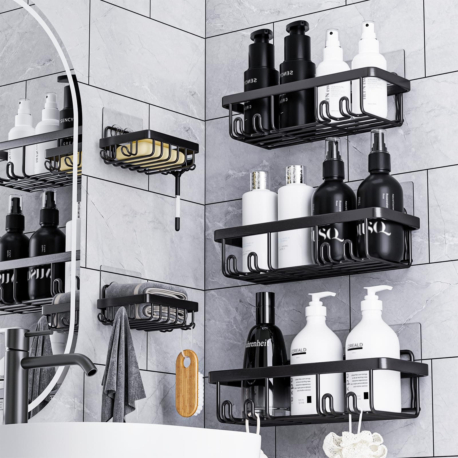 Shower Caddy 5 Pack Shower Rack No Drilling Bathroom Shelves with Soap Dish Adhesive Shower Organiser-Black