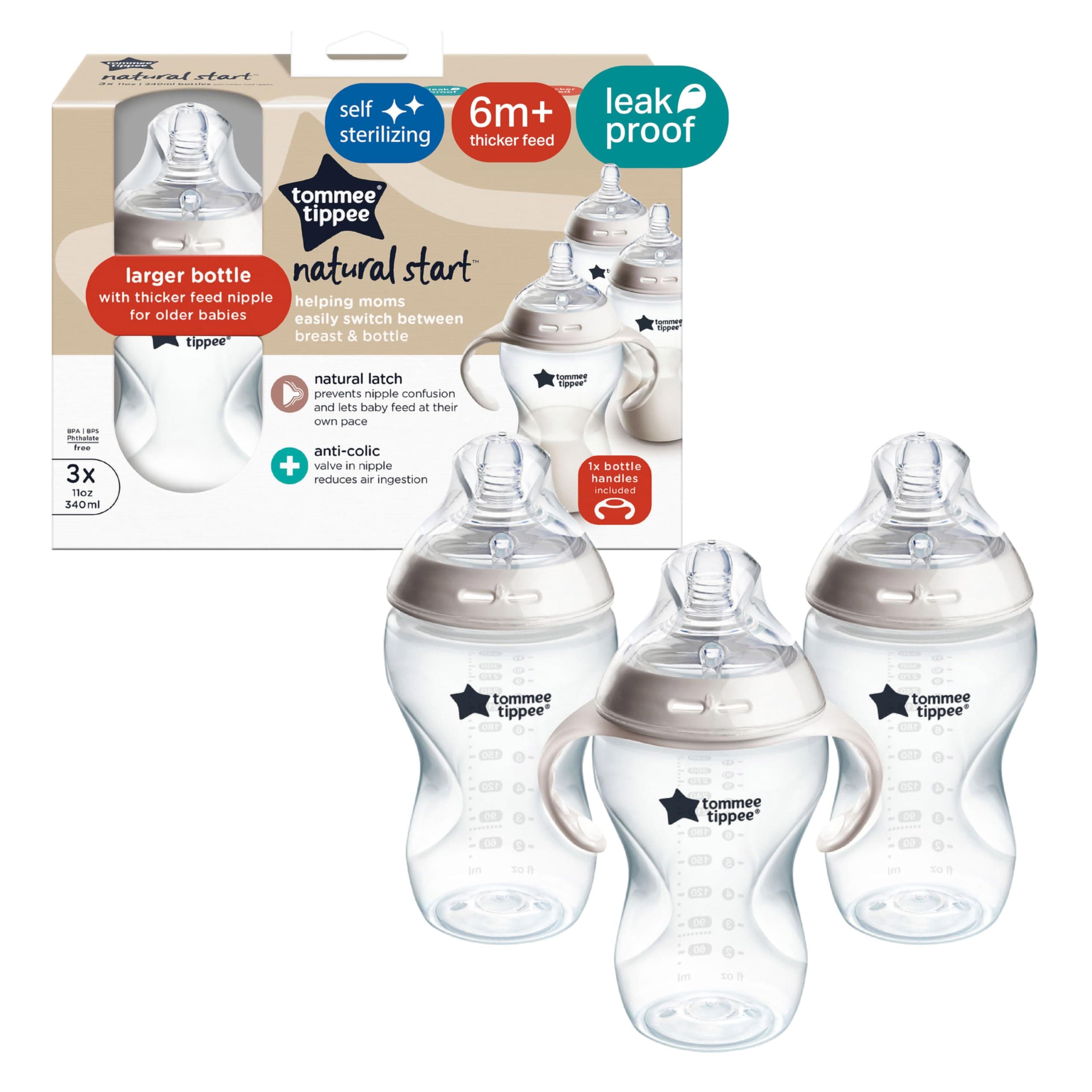 Tommee Tippee Natural Start Baby Bottle, 11oz, Thicker Feed, Breast-Like Nipple for Babies 6 Months+, Clear, 3 Count