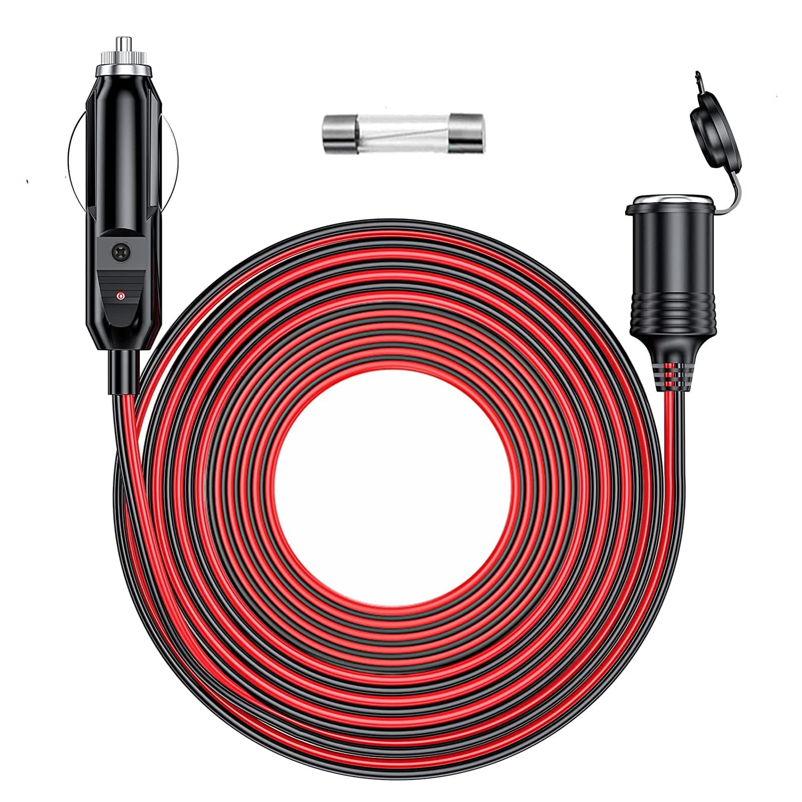 12V/24V Heavy Duty Cigarette Lighter Extension Cord 26.1FT with LED Light for Car Vehicle Tire Pump Air Compressor Refrigerator Coffee Maker etc. (1*Spare Fuse)