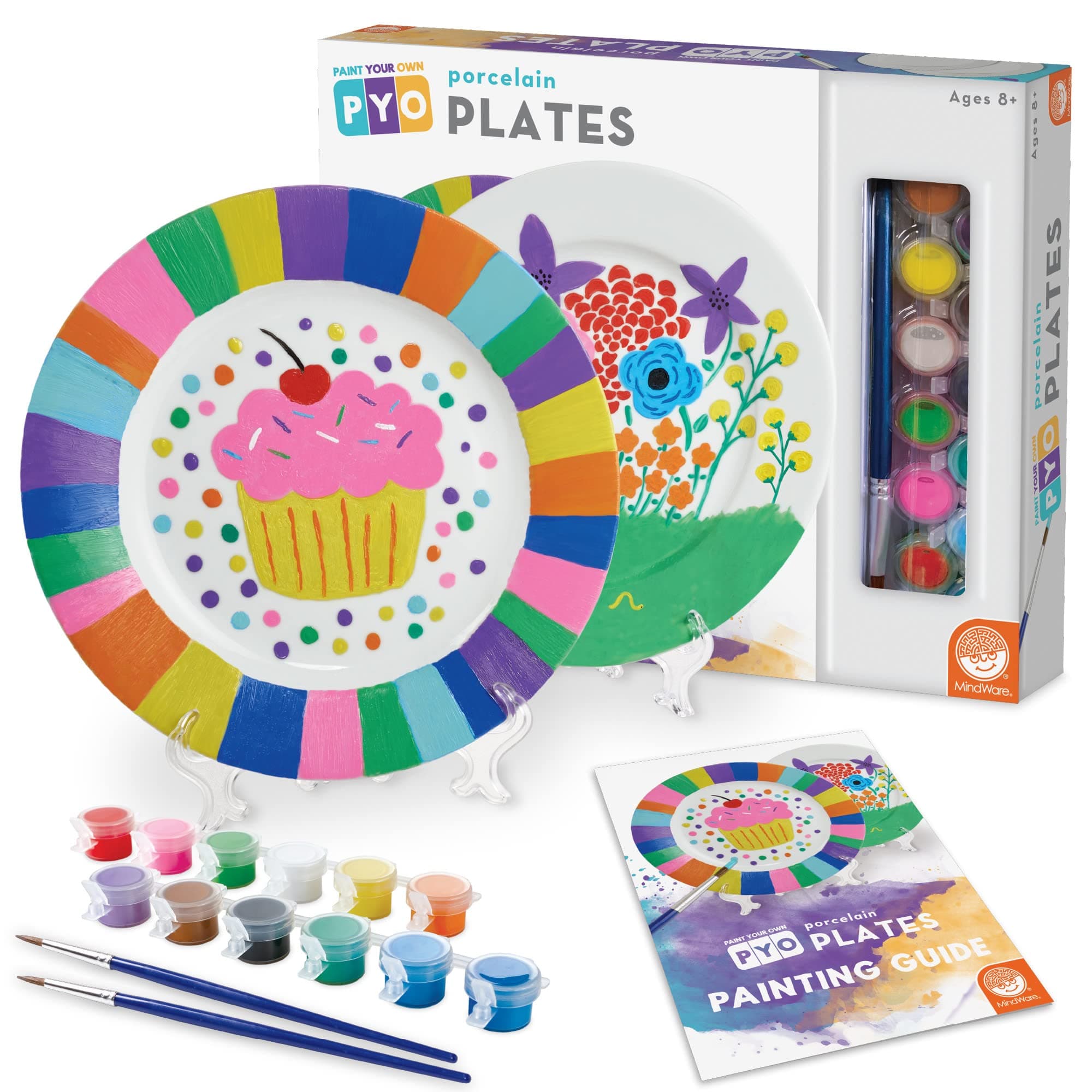 MindWare Paint Your Own Porcelain Plates - Kit Includes 2 Porcelain Plates, 12 Paints, 2 Paint Brushes, and 2 Stands