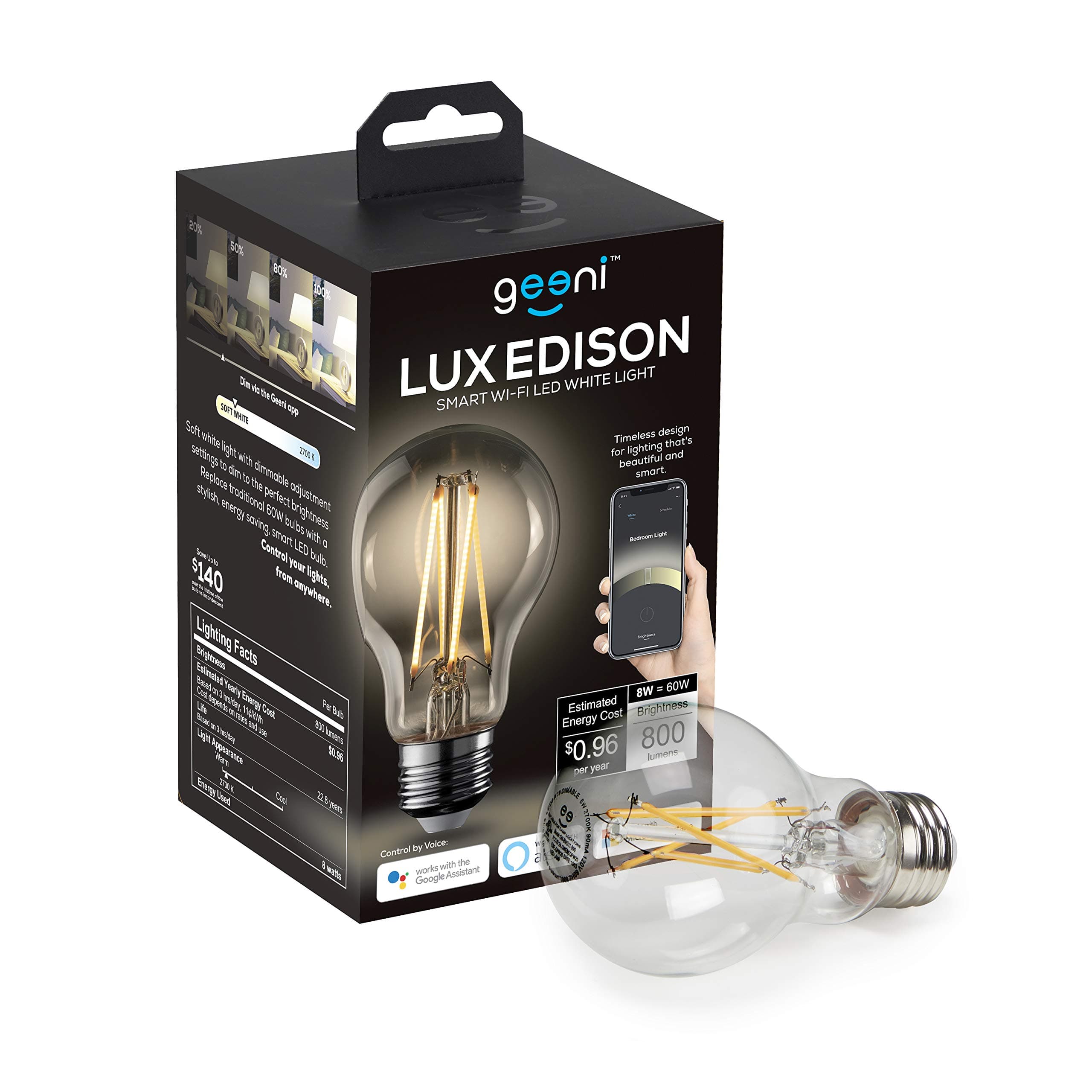 Geeni Edison Wi-Fi LED Smart Edison Light Bulb, Soft White (2700K), Dimmable LED Bulb, A19, 60-Watt Equivalent, No Hub Required, Compatible with Amazon Alexa and Google Home