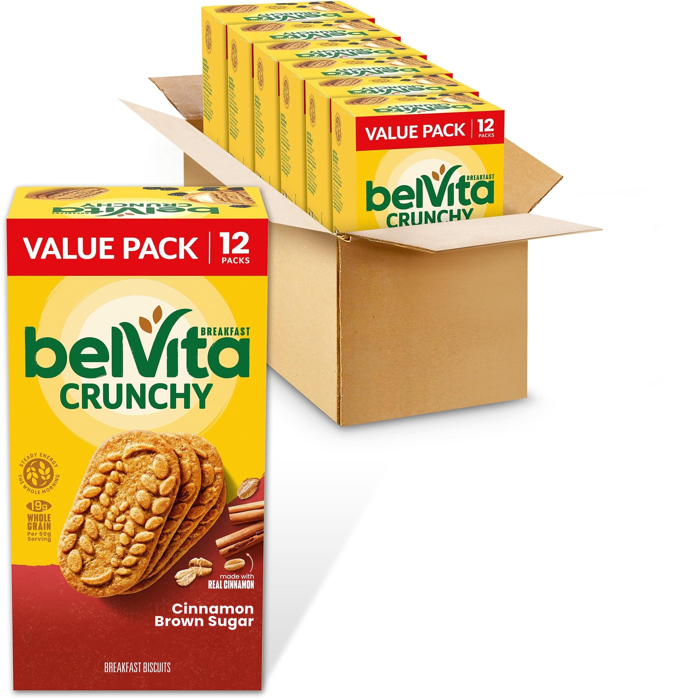 BelVita Cinnamon Brown Sugar Breakfast Biscuits, Value Pack, 72 Total Packs, 6 Boxes (4 Biscuits Per Pack)