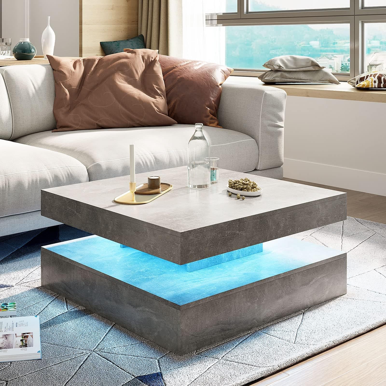 Grey Square Coffee Table for Living Room, Modern Coffee Tables with Storage, LED Light Coffee Table 2-Tier Square Middle Center Table,Contemporary Wood Tea Tables for Dining 