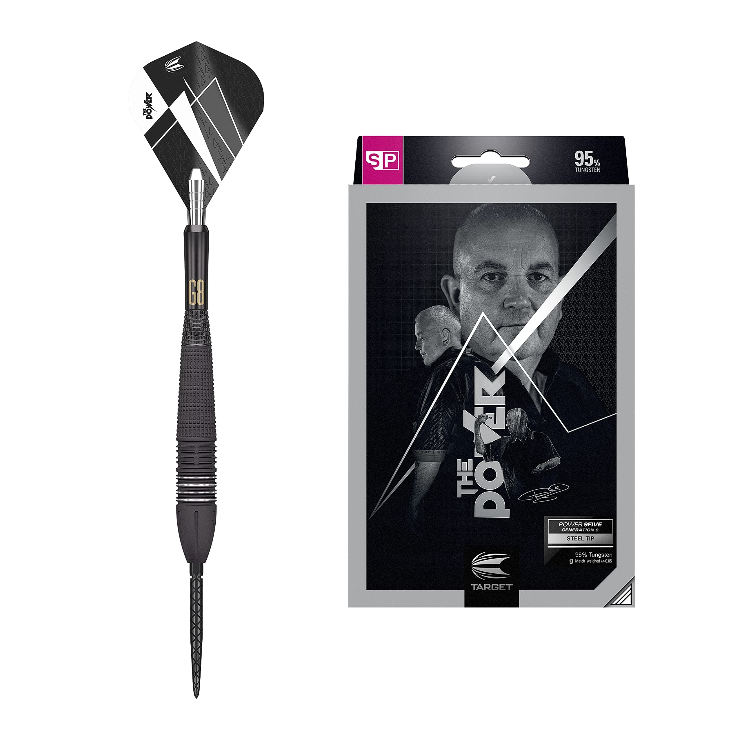 Target Darts Phil Taylor Power 9-Five Gen 8 95% Tungsten Swiss Point 95% Tungsten Steel Tip Darts Set, 22G/24G/26G | Swiss Points, Player Edition Professional Darts, Swiss Point Tool Included