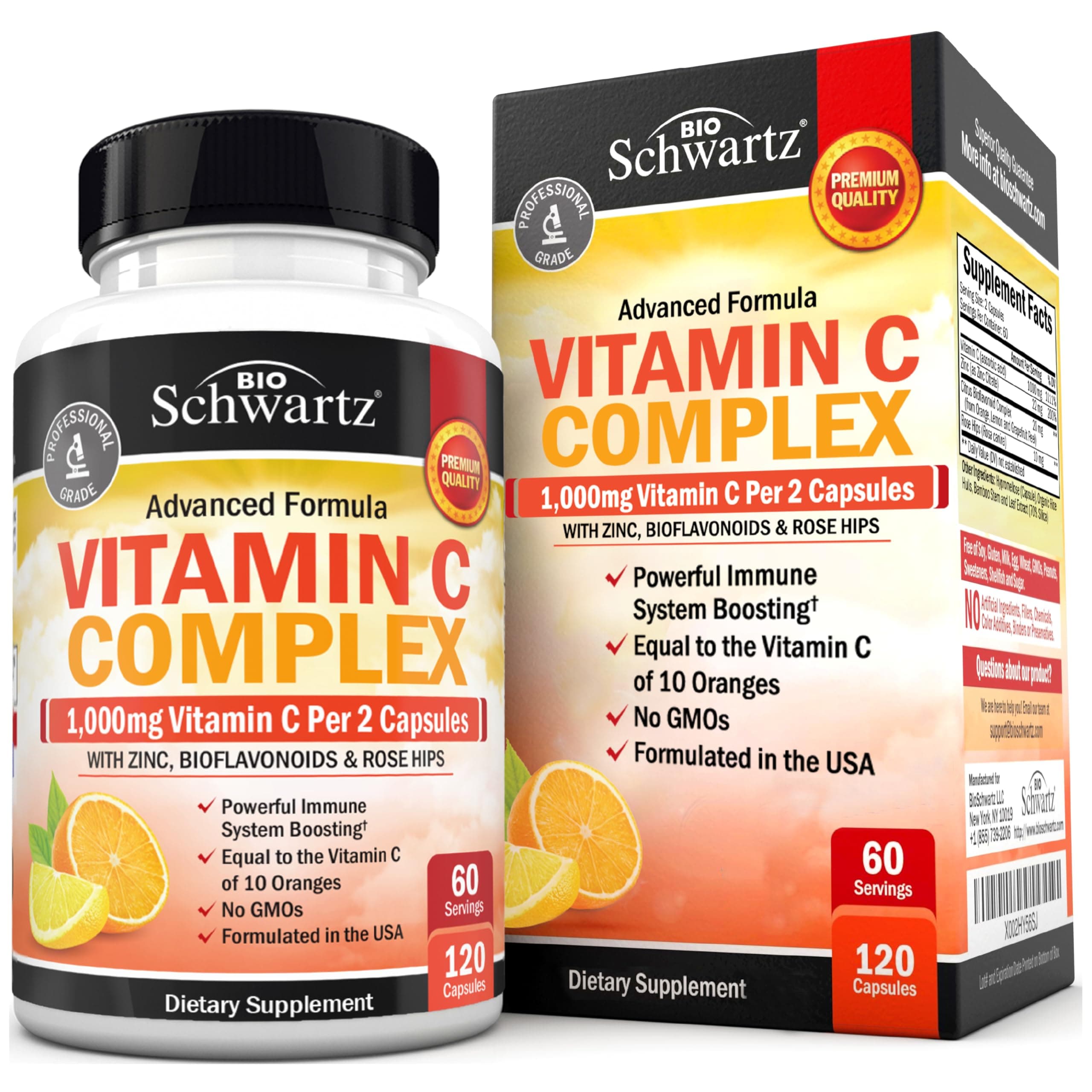 BioSchwartz Vitamin C Complex Supplement - Vitamin C 1000mg Capsules with Rose HIPS Zinc and Citrus Bioflavonoids for Immune Health, Cellular Energy, Collagen Production, 120 Count (60 Day Supply)