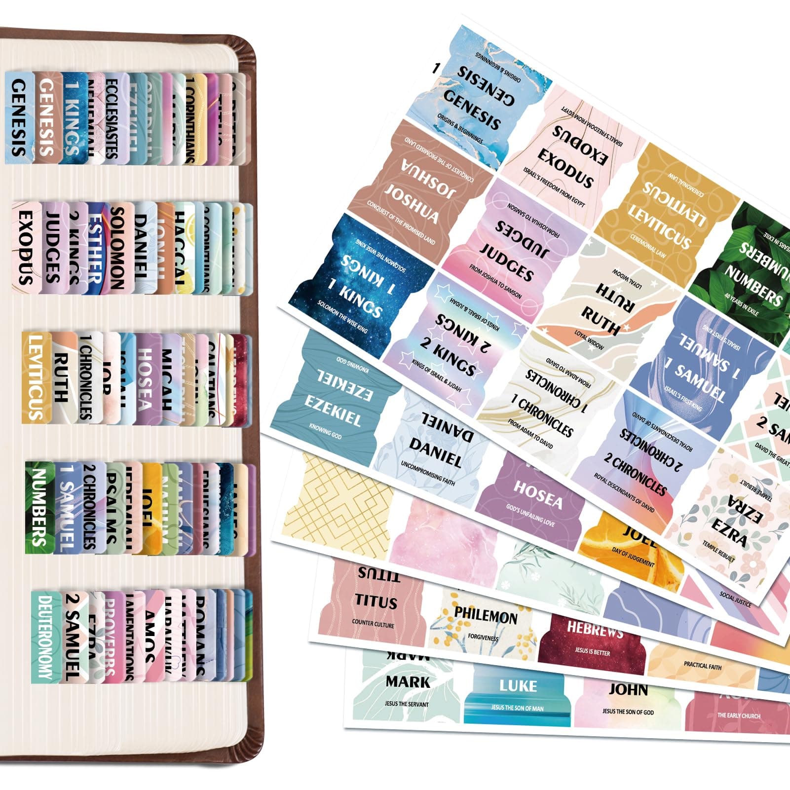 FINPAC Bible Index Tabs, Bible Old and New Testament Tabs, 75 Tabs Including 66 Named & 9 Blank Tabs, Laminated Bible Chapter Tabs for Women Men Book Study Journaling, Marble