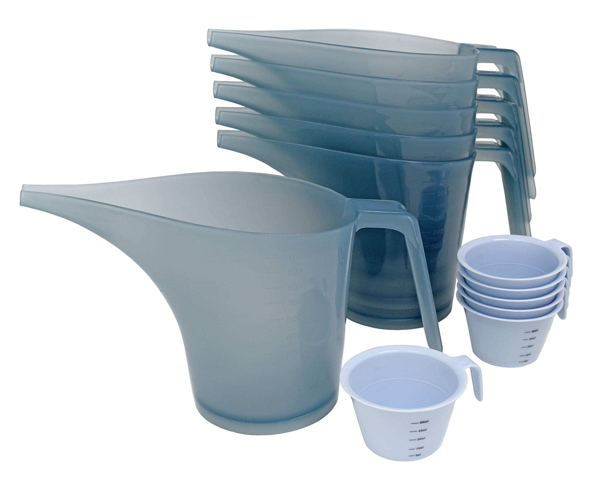 6-Pack of 1 Litre Funnel Jugs, Translucent Grey, and a 6-Pack of Mini 60 Millilitre Measuring Cups