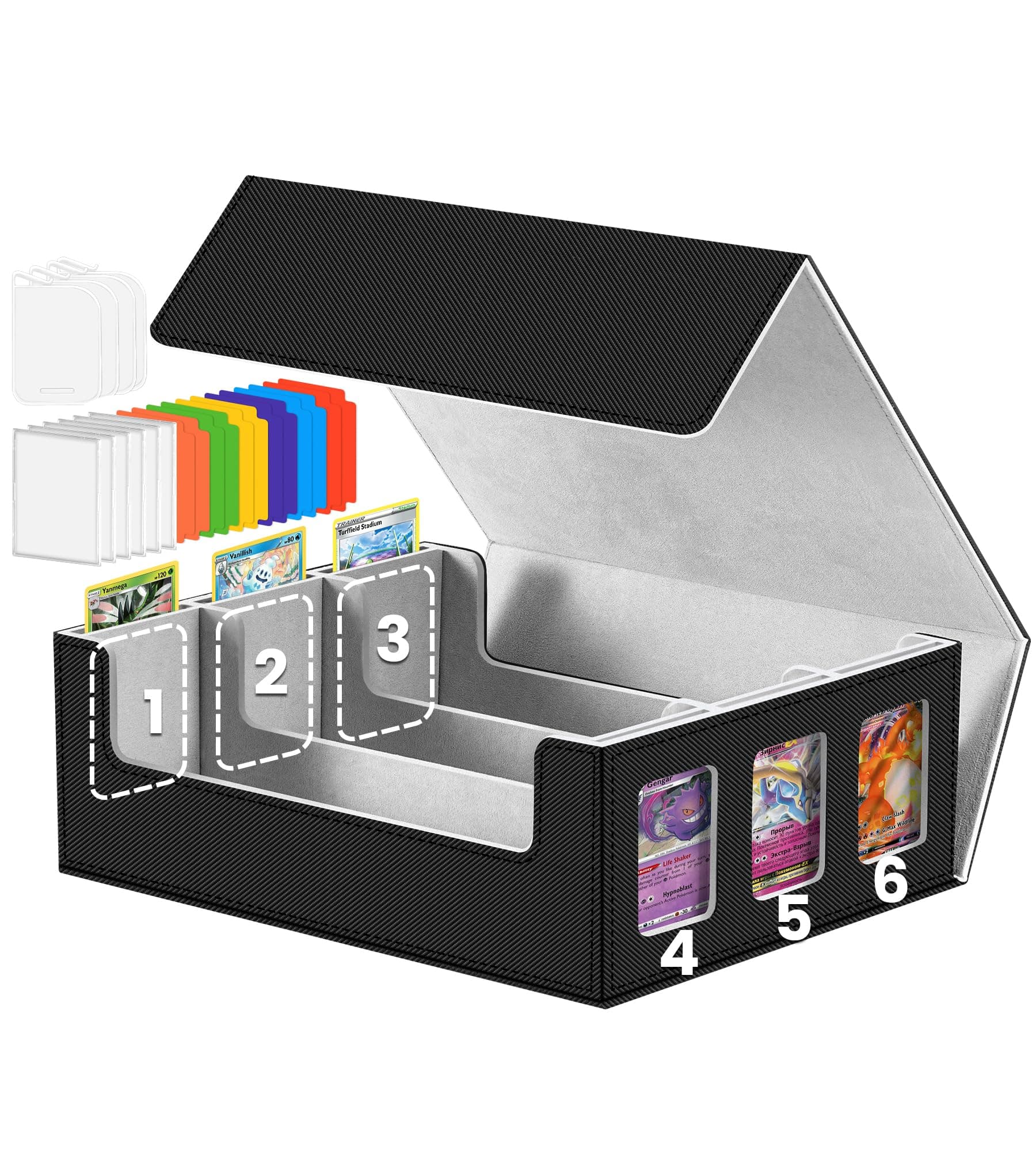 6-window Display Trading Cards Storage Box 2400+ TCG Commander Deck Case with 6 Card Holders for Magic the Gathering PTCG YuGiOh Sports MTG PKM with 12 Dividers 4 Supporters Black and Gray