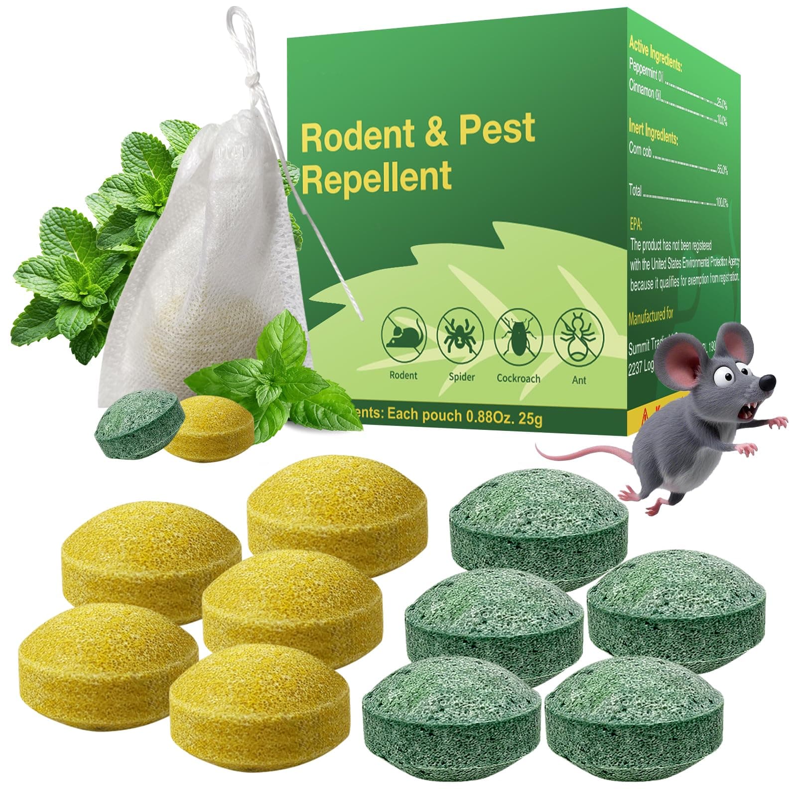 Mouse Repellent, 10 Pack Peppermint Mice Repellent for Long-Lasting Rodent Protection, Ideal for Indoor & Outdoor Use in Homes, 1