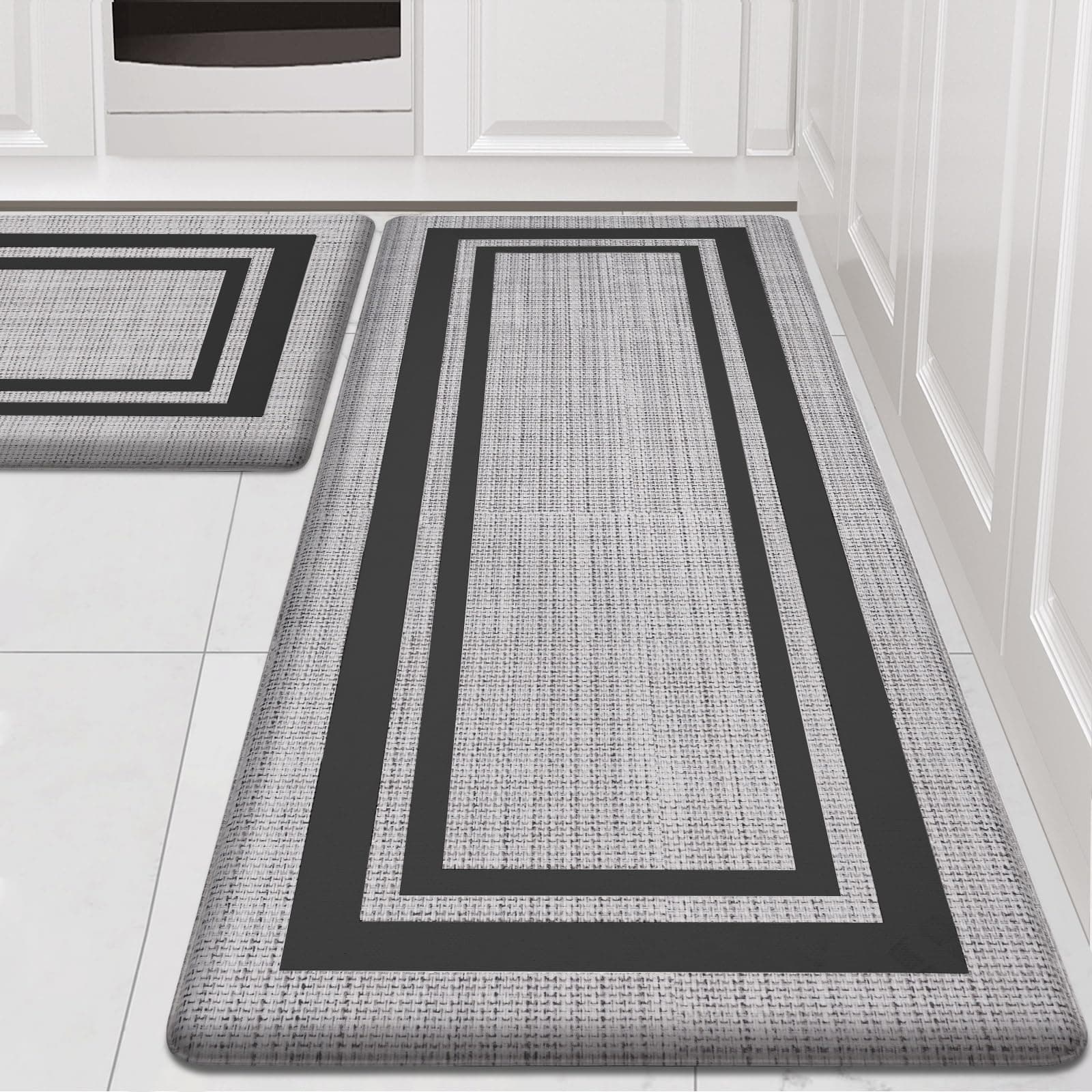 Anti Fatigue Kitchen Floor Mat 2 PCS, 1/2 Inch Thick Comfort Cushioned Standing Mat Set, Non Skid Kitchen Rugs and Mats Waterproof PVC Memory Kitchen Mats for Floor Sink Office Laundry, Black