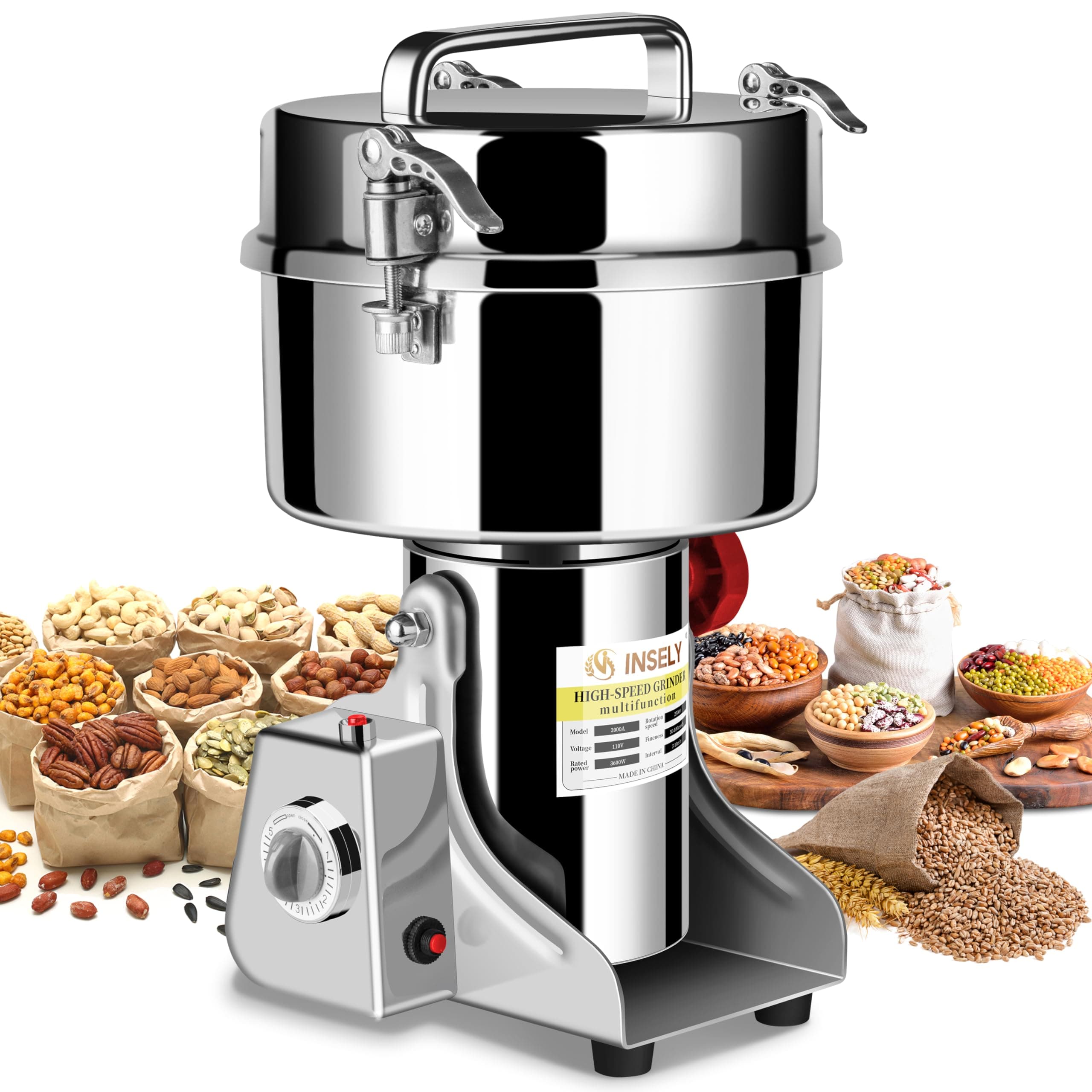 Grain Mill Grinder 2000g High Speed Food Grain Mill Stainless Steel Seeds Flour Nut Pill Wheat Corn Herbs Spices & Seasonings Dry Grinder Electric Machine Grinder for Kitchen