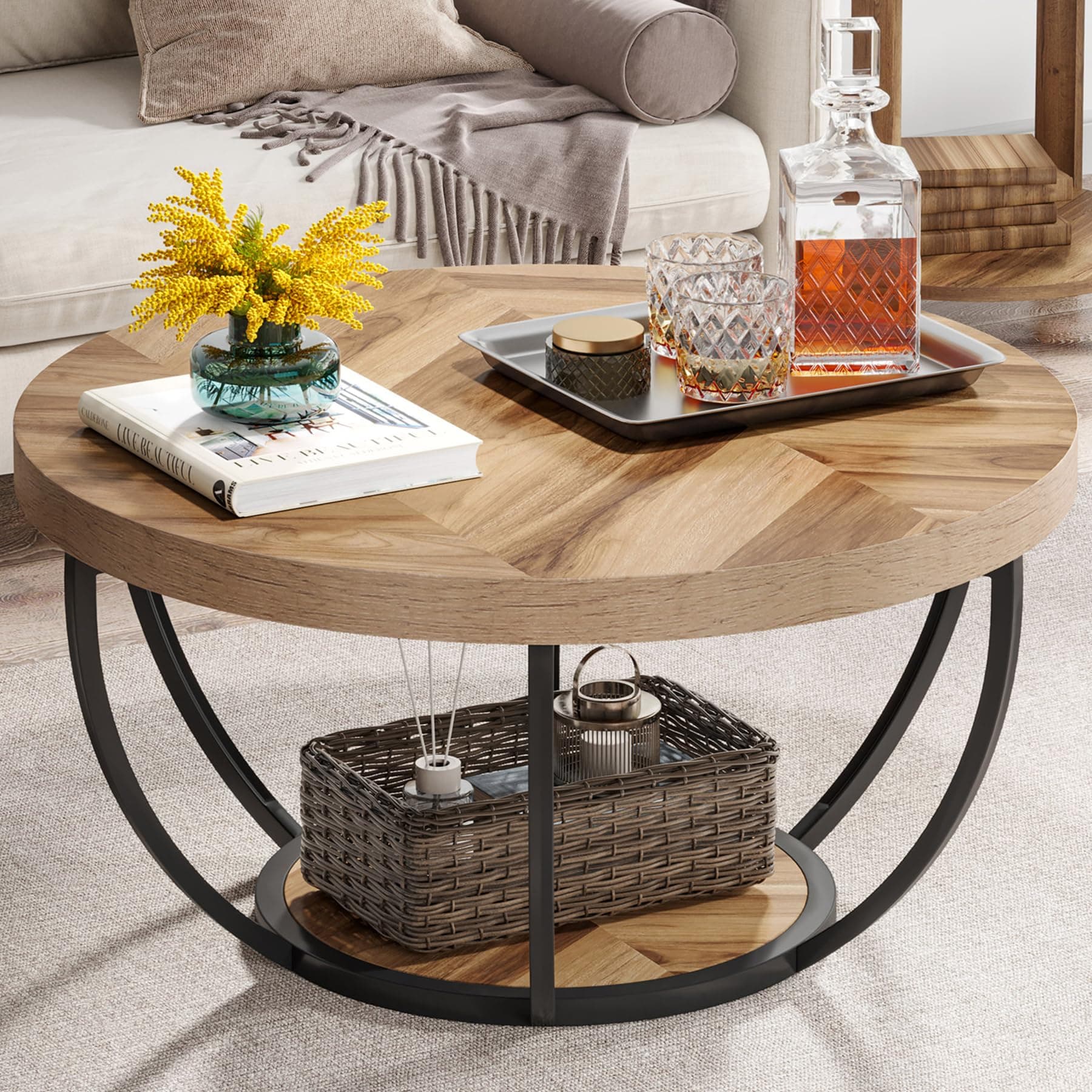 Tribesigns 80cm Round Industrial Coffee Table with 2-Tier Storage Shelves, Modern Wood & Black Metal Accent Center Table for Living Room, Home Office – Easy Assembly
