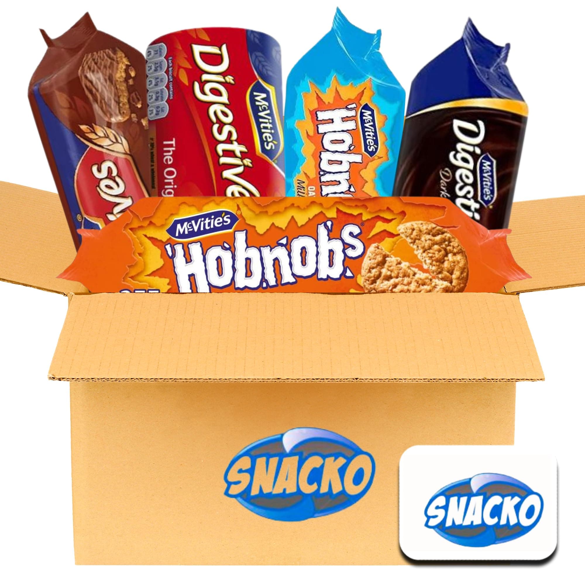British Biscuits Variety Pack. Comes with Five McVities Assorted Favorites including 3 Digestives Biscuits, Milk Chocolate Hobnobs Biscuits, Ginger Nuts Biscuits plus a Snacko Fridge Magnet.