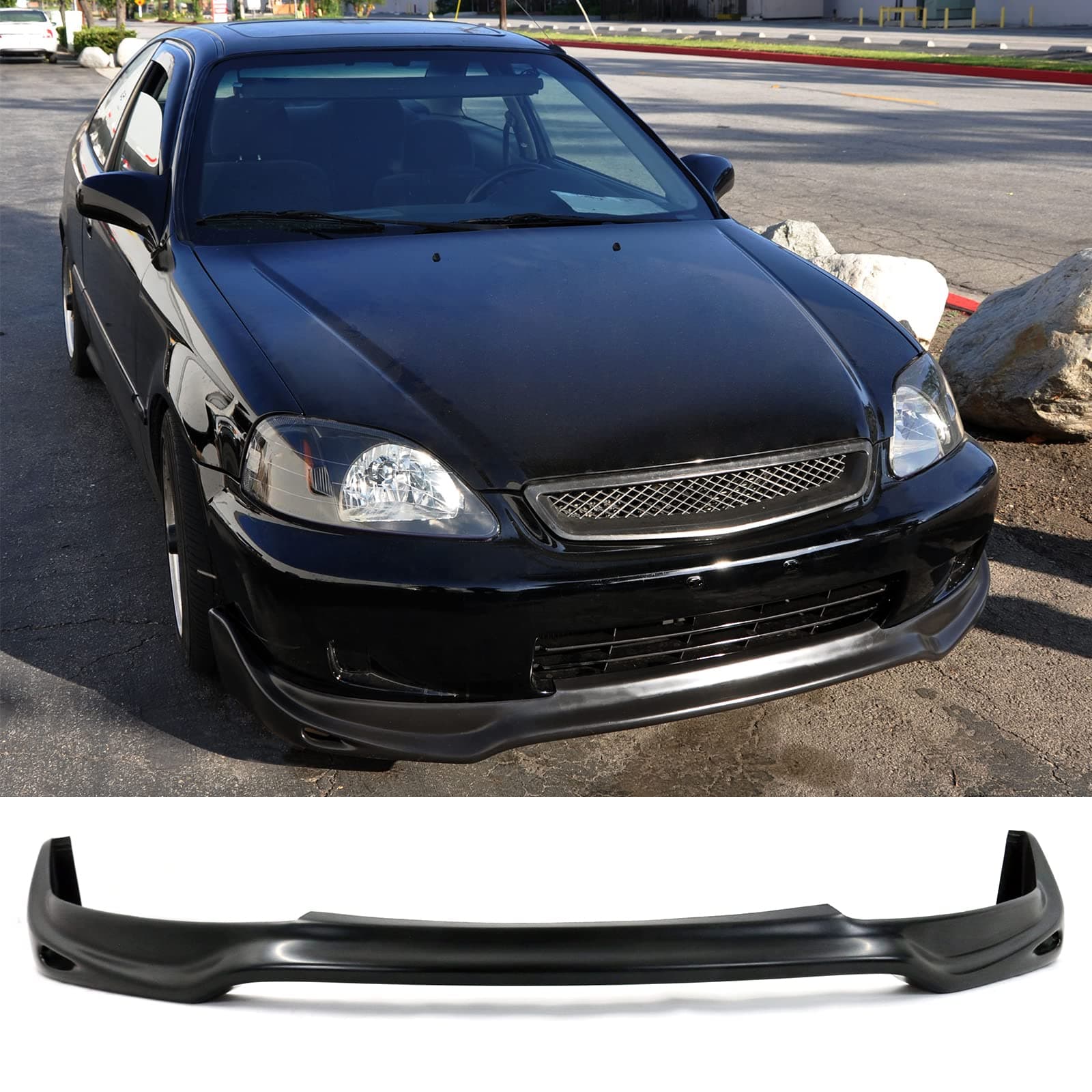 FREEMOTOR802 Front Bumper Lip Splitter Fits 1999-2000 Honda Civic, JUN Style Black PU Air Dam Chin Spoiler Front Lower Lip Spoiler Valance Guard Protector