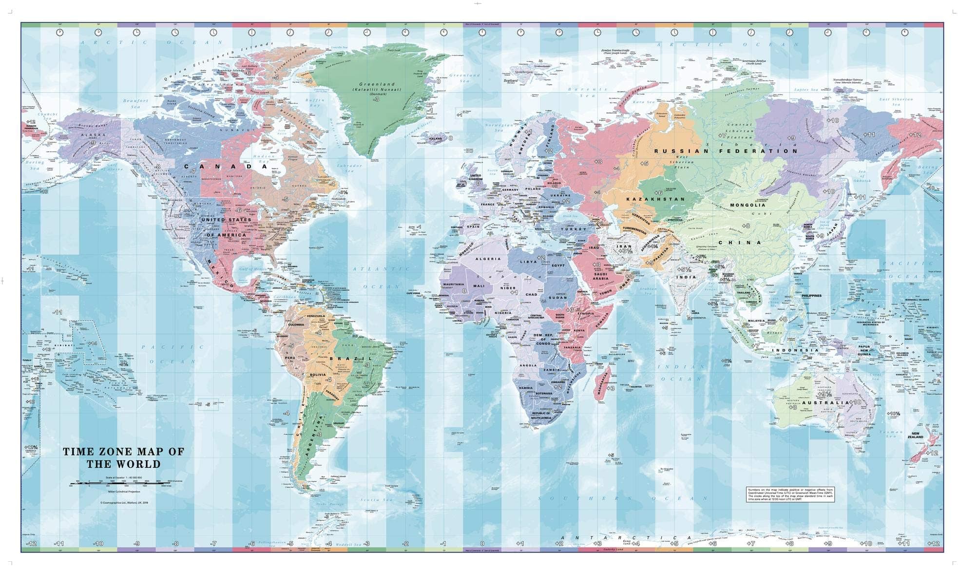 Time Zone Wall Map of the World - 40.25" x 23.5" Laminated