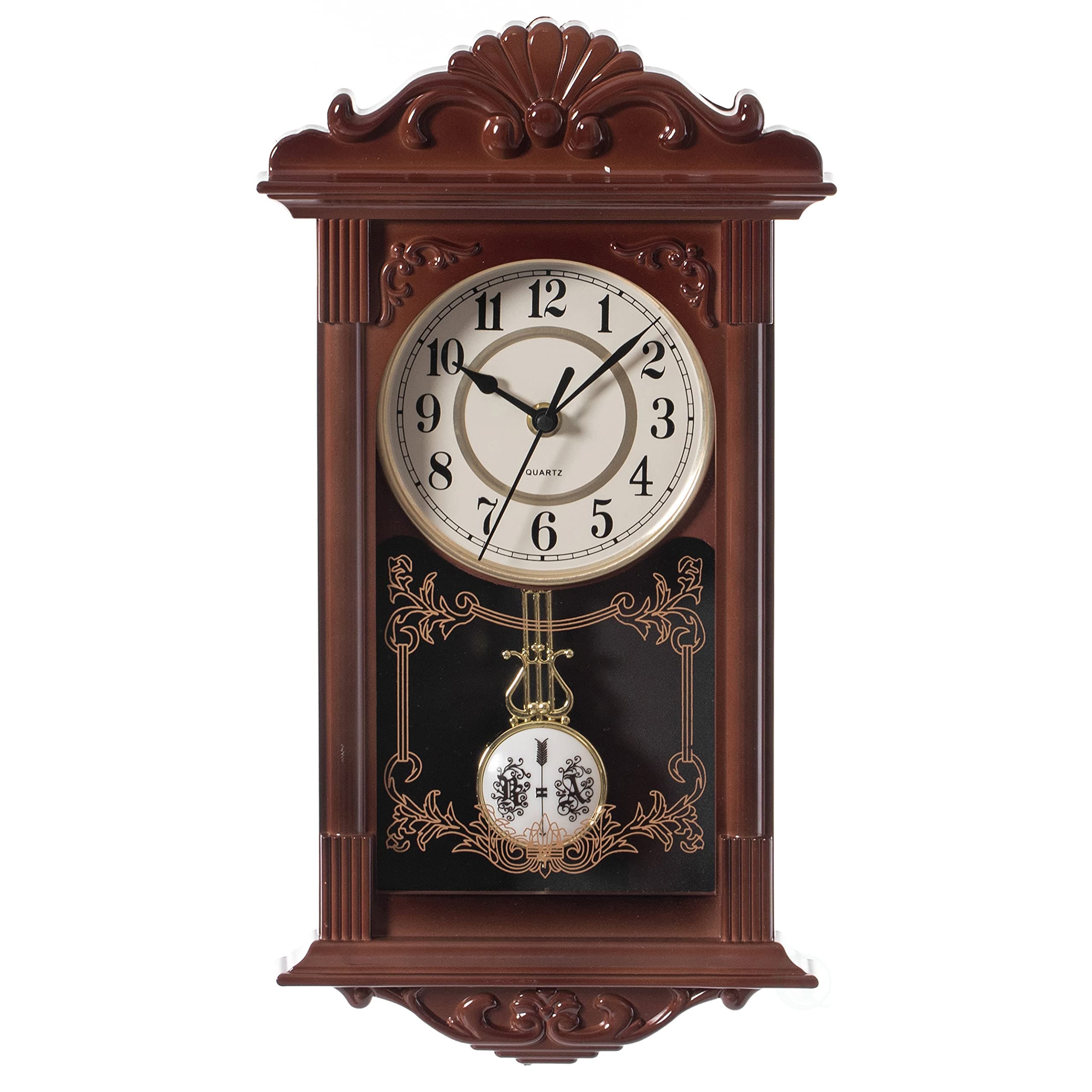 Clockswise Vintage Grandfather-Style Wall Clock with Wood-Effect Plastic Pendulum Battery-Operated for Home Decor Living Room Home Office Kitchen or Dining Room (Brown, 16 Inch)