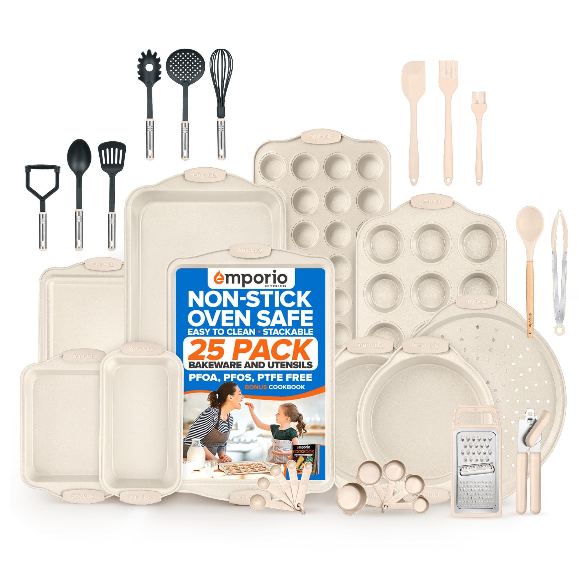 Emporio Kitchen Baking Pan Set - Nonstick Coating, Carbon Steel Bakeware Set with White Silicone Handle, PFOA, PFOS, PTFE Free, Recipe Booklet Included, Oven Safe Tray (Up To 450° F) Set of 25 - White