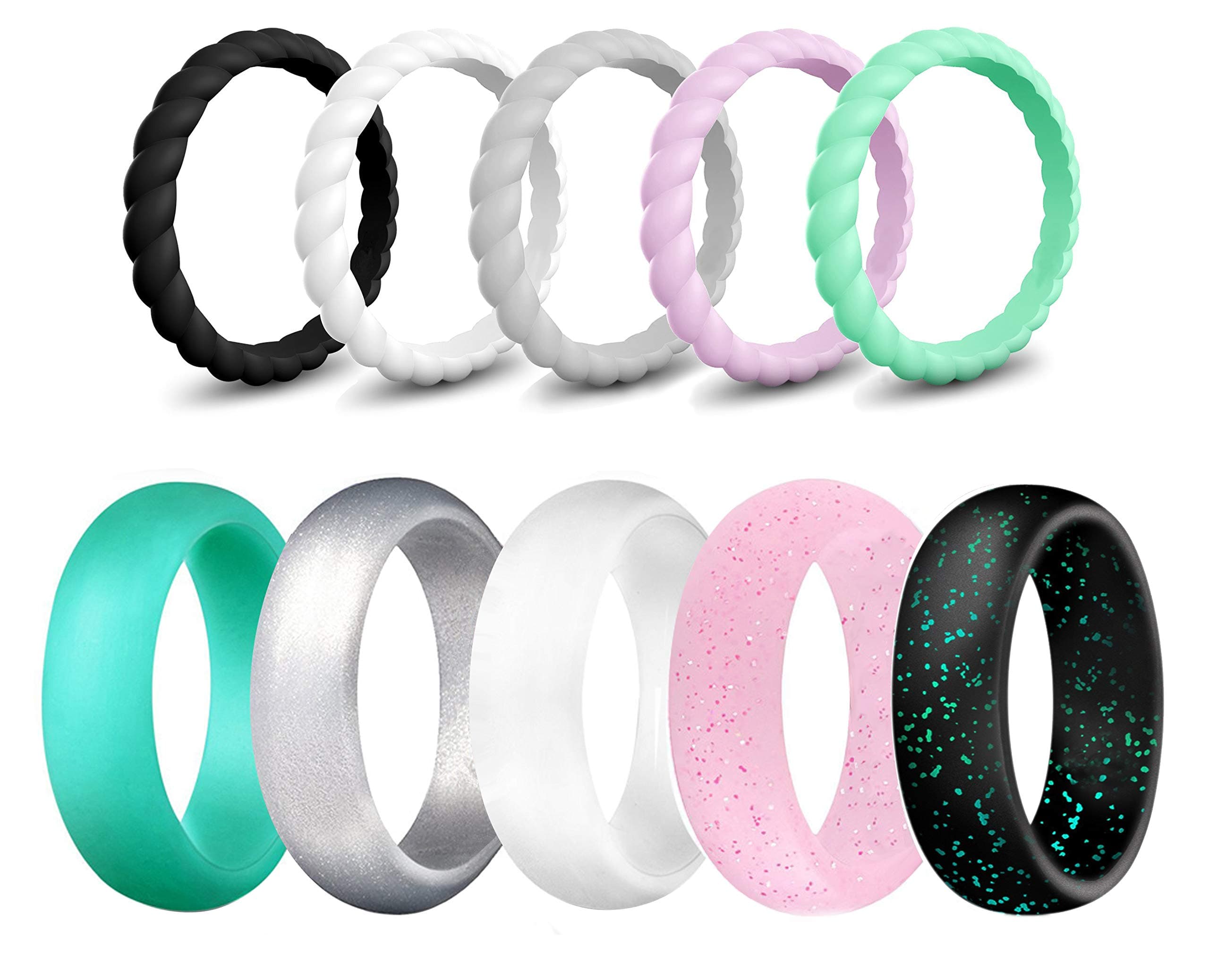 Silicone Wedding Ring Bands for Women 10 Pack Size 7 Womens Thin Stackable & Flash Powder Rubber Wedding Band Rings 5.7mm & 3mm Wide - Pink Black Teal Metallic White Grey Mint Green