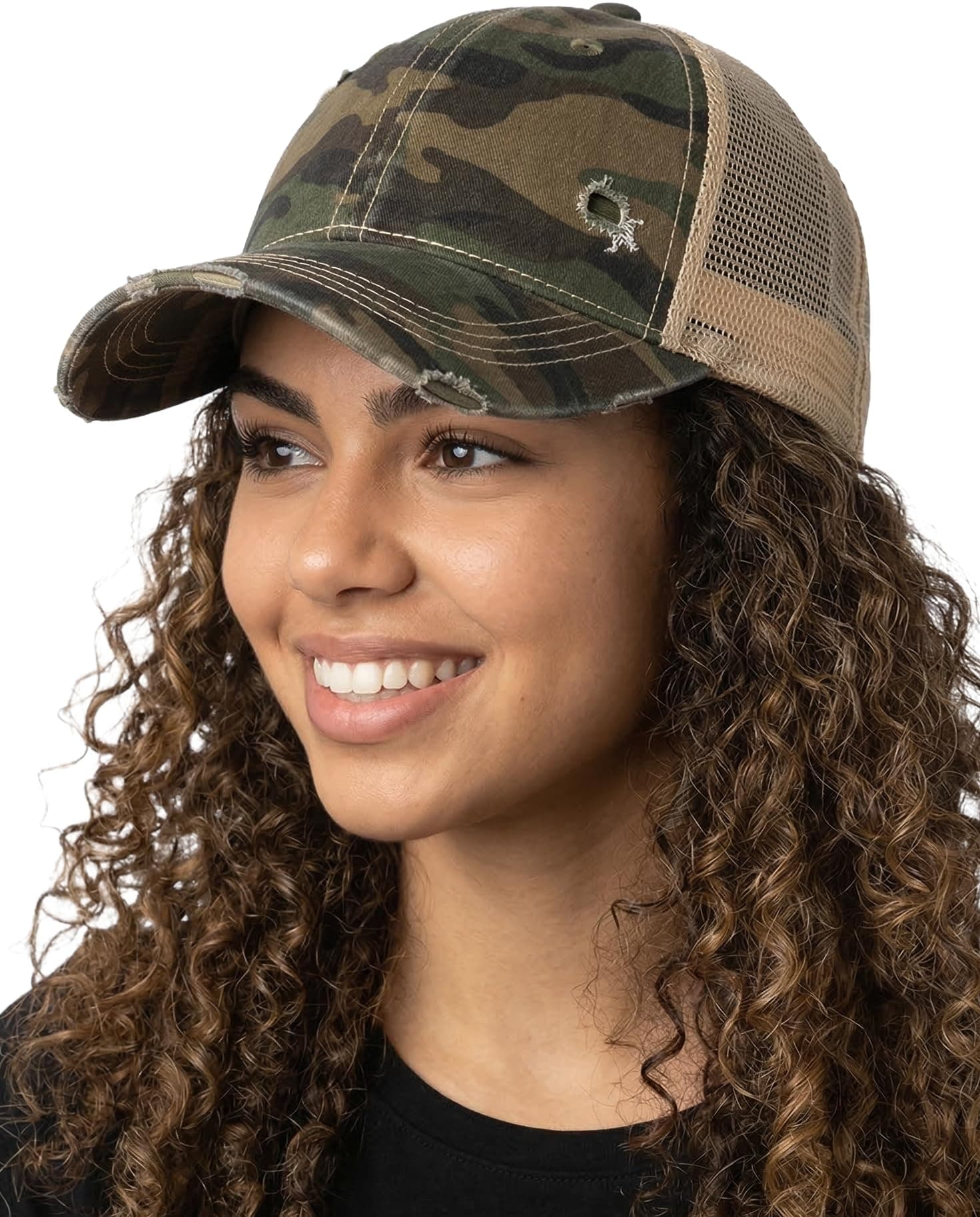 Funky Junque Trucker Hat for Women – Distressed Low Profile Western Camo Baseball Cap with Mesh, Trendy and Adjustable Fit