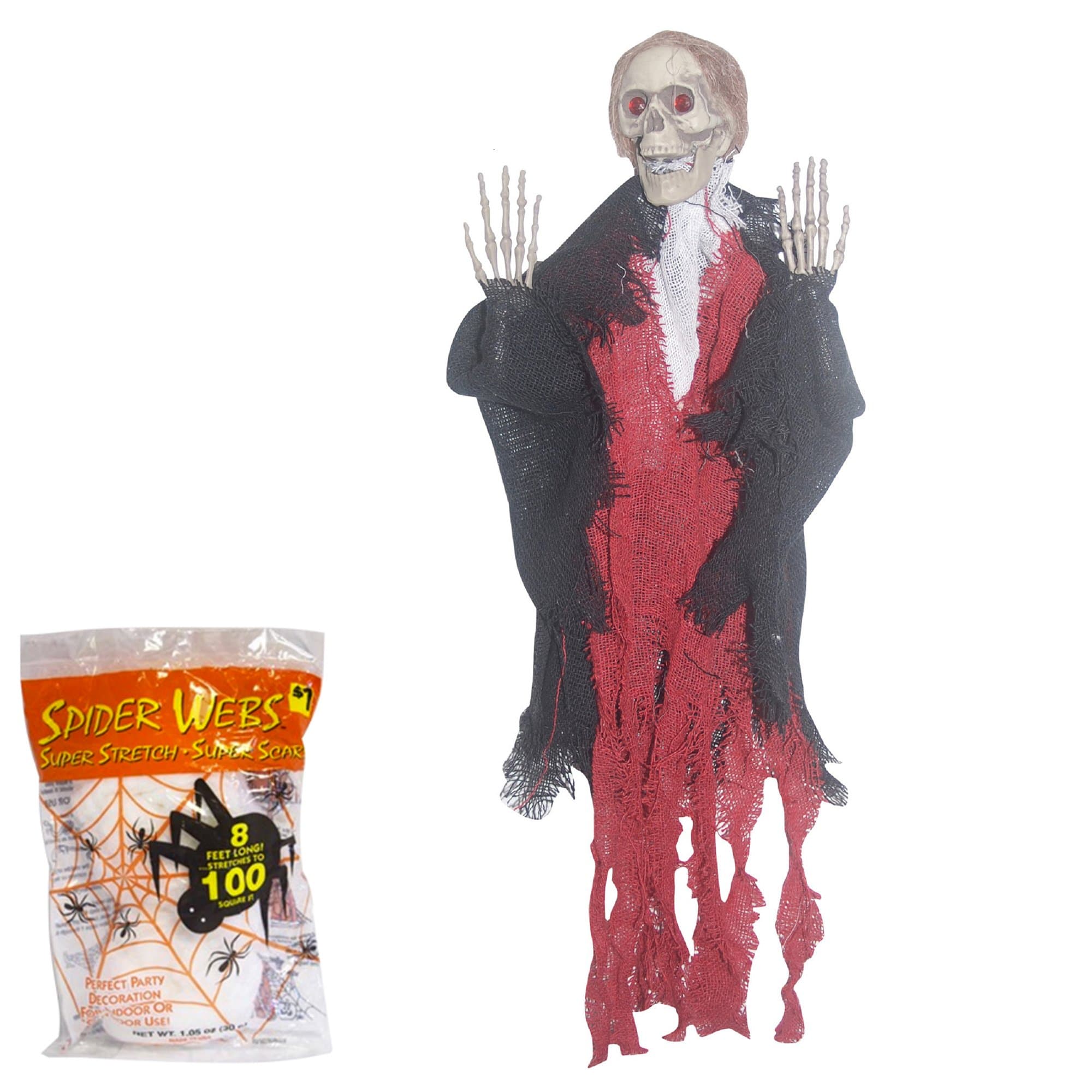 Halloween Decoration Scary Hanging Grim Reaper Prop with Spider Webbing 18 Inches Red and Black