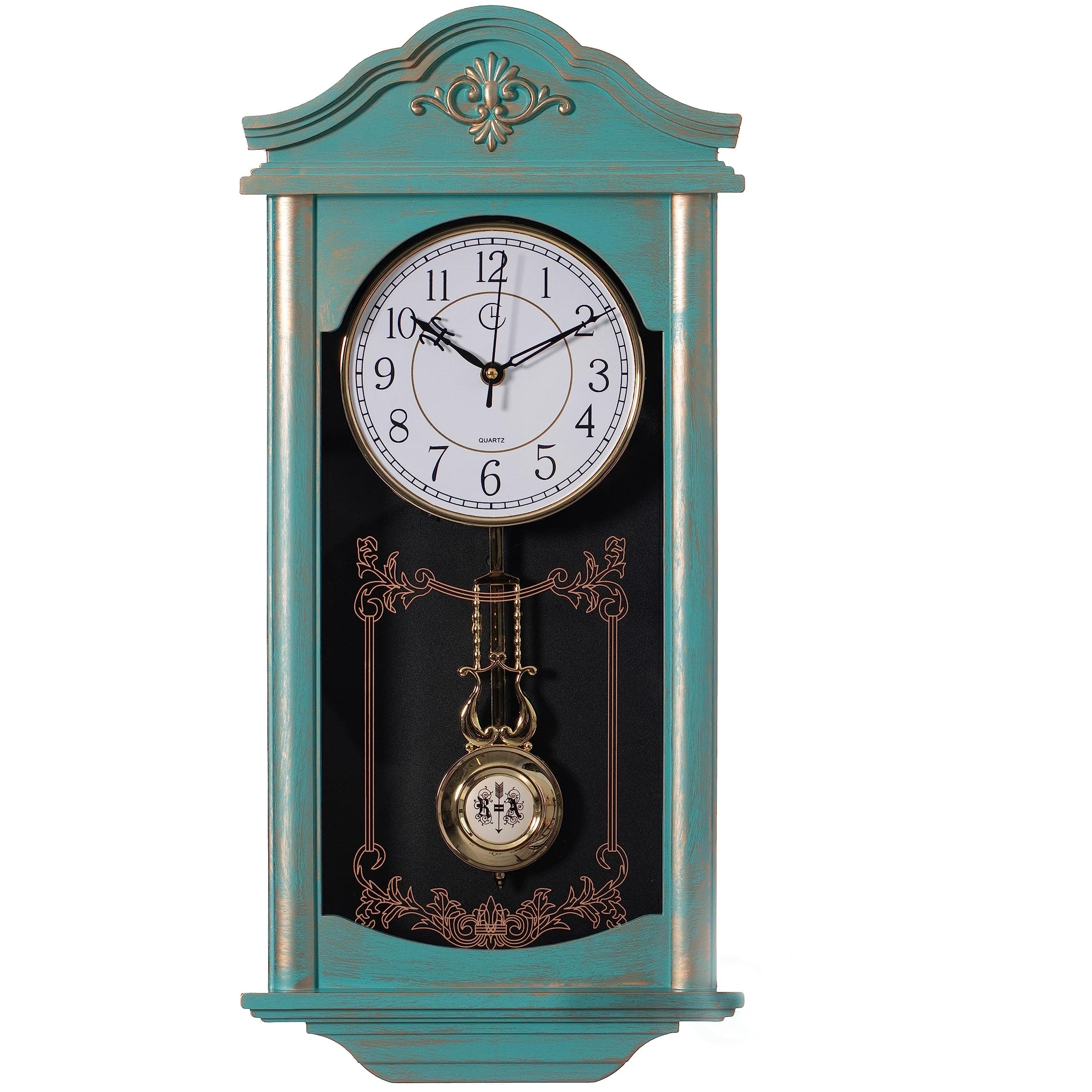Clockswise Large Vintage Grandfather Wood- Looking Plastic Pendulum Wall Clock for Living Room, Kitchen, or Dining Room, (Large, Blue)