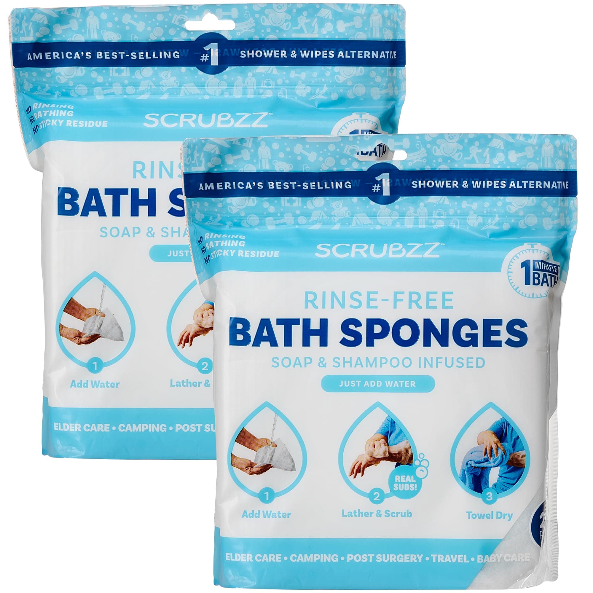 Scrubzz Disposable No Rinse Bathing Wipes - All-in-1 Single Use Shower Wipes, Simply Dampen, Lather, and Dry Without Shampoo or Rinsing, 50 Count (2 Pack)