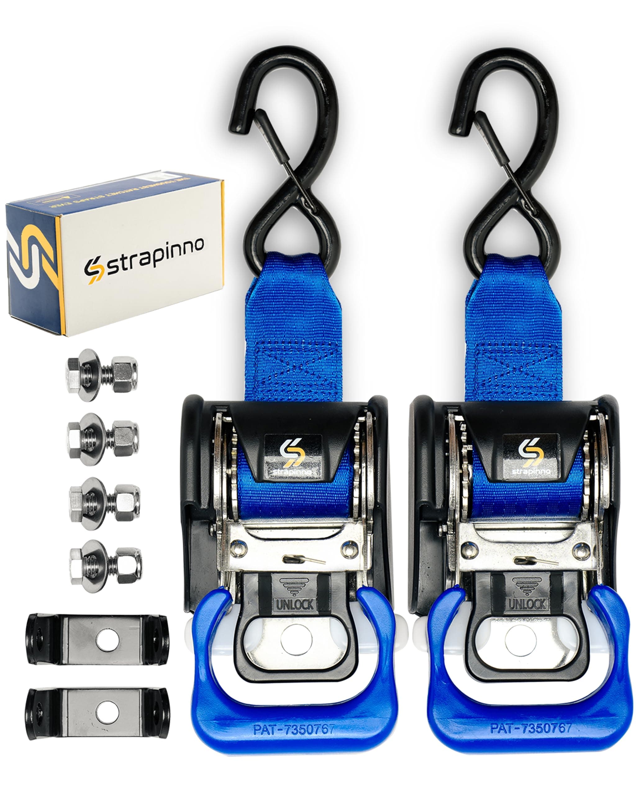 Strapinno ステンレススチール 格納式ラチェットストラップ 2個 (1 7/8インチ x 4フィート) トランサムタイダウン ボートトレーラー用 – 追加の取り付けブラケット&ボルトセット 安全ラッチSフック、破断強度1.5ポンド/750kg