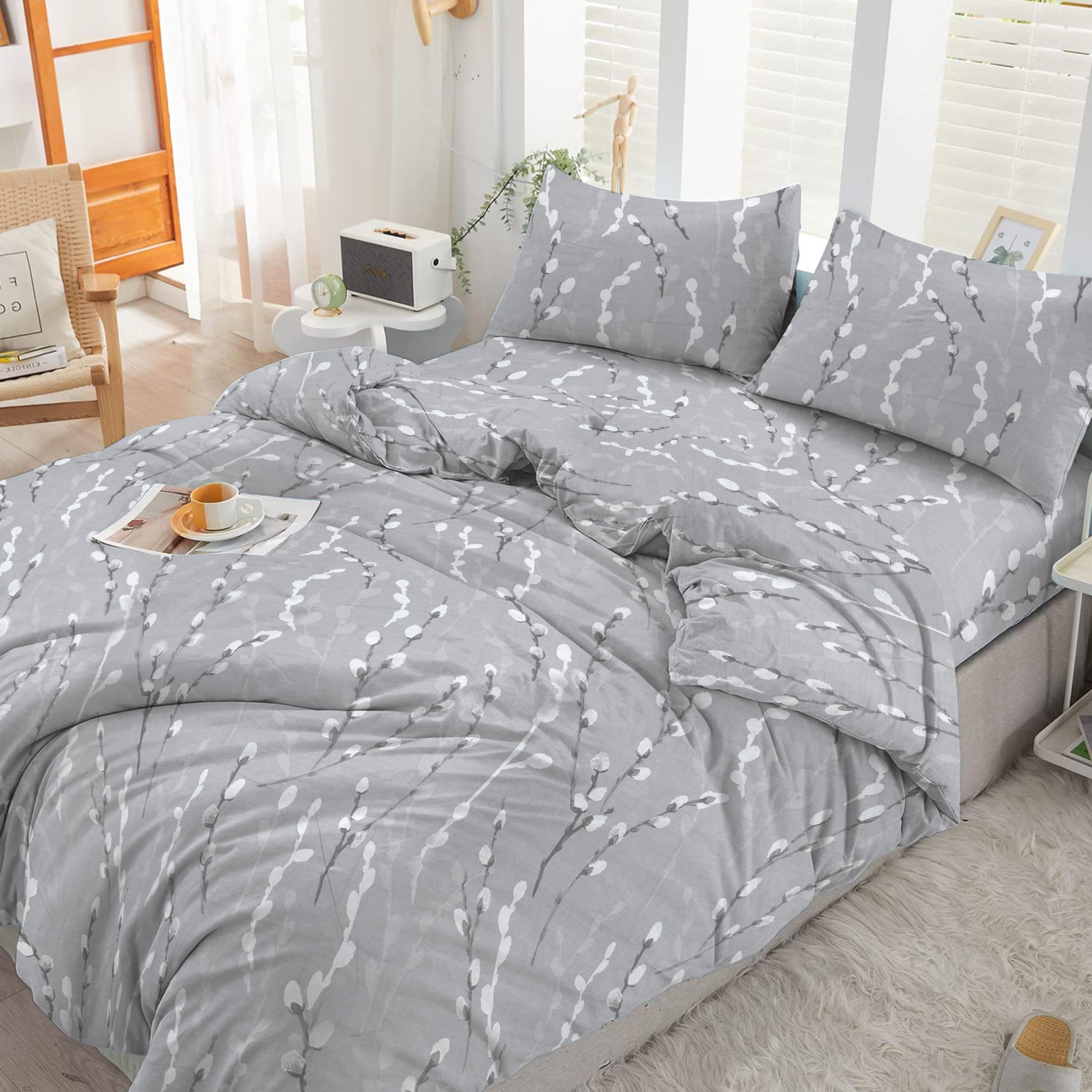 2PCS Single Duvet Cover Set, 100% Egyptian Cotton- 400 Thread Count- Floral Printed Single Bedding Set with Pillowcase