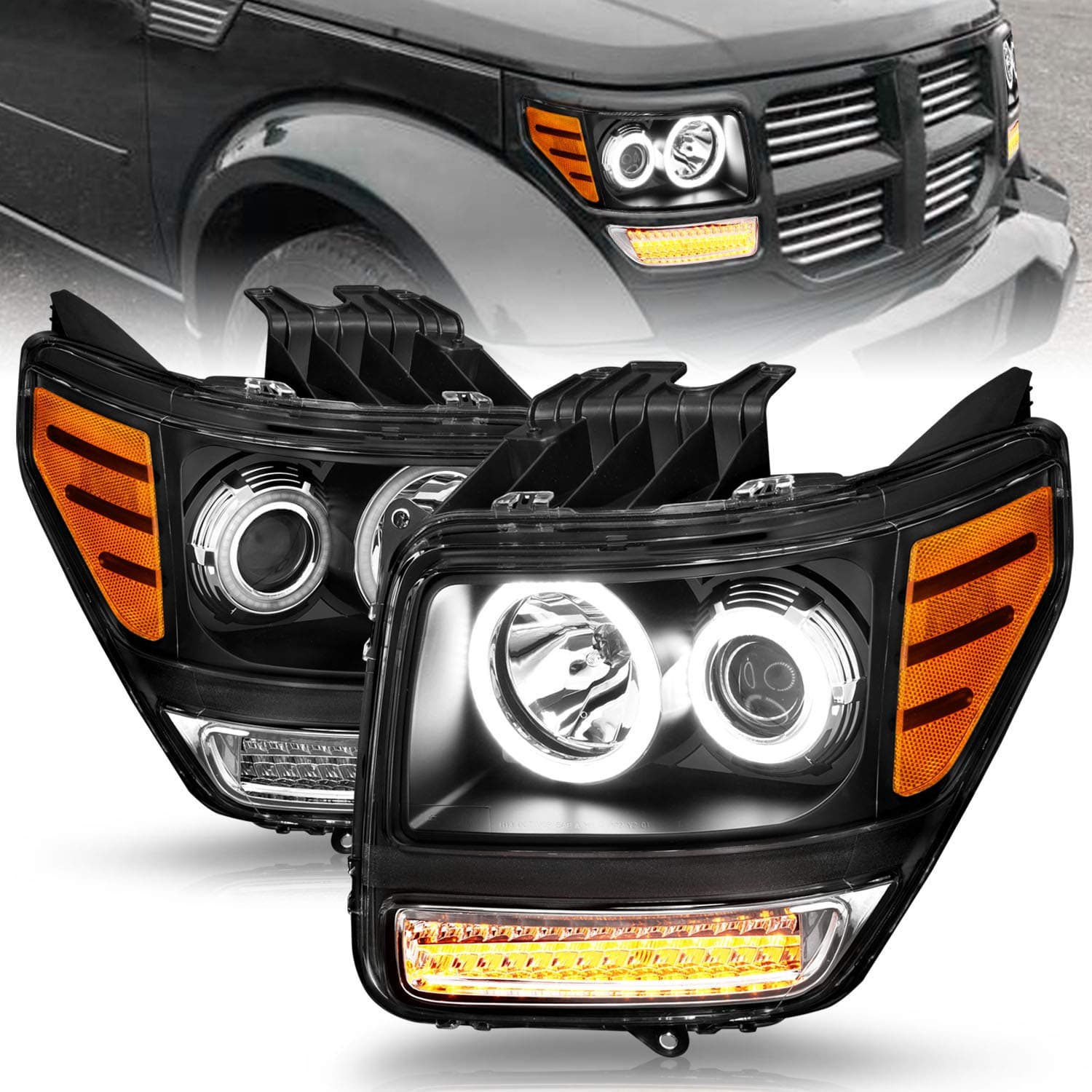 AmeriLite Black LED Turn Signal Dual Halo Projector Replacement Headlights Set For 07-12 Dodge Nitro - Passenger and Driver Side
