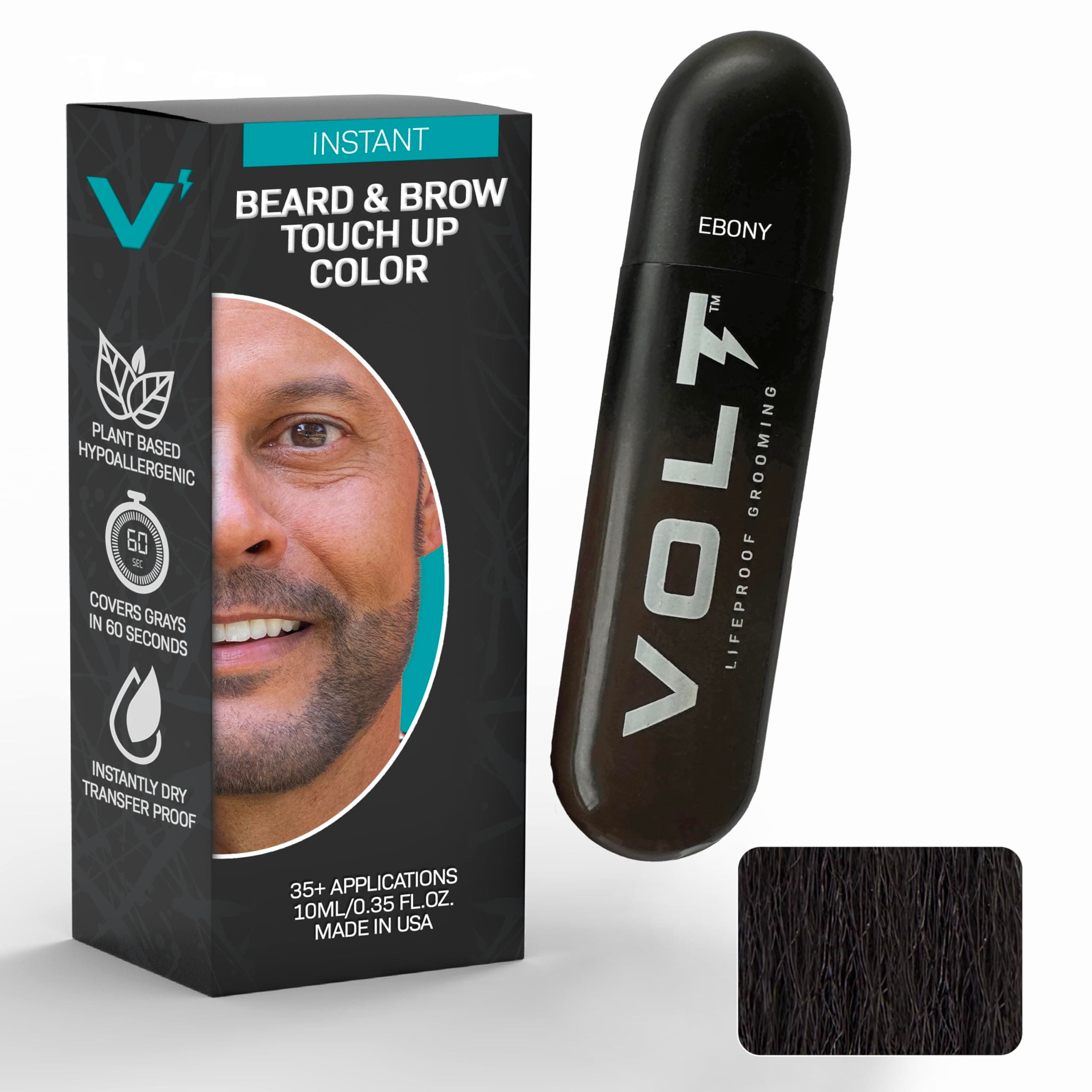 VOLT Grooming Temporary Instant Beard Color for Men, Quick Drying Plant-Based Brush On Beard, Hair, Mustache & Eyebrow Color, Safe for Sensitive Skin, Ebony Brown/Black, 1 Pack, Up to 35 Applications