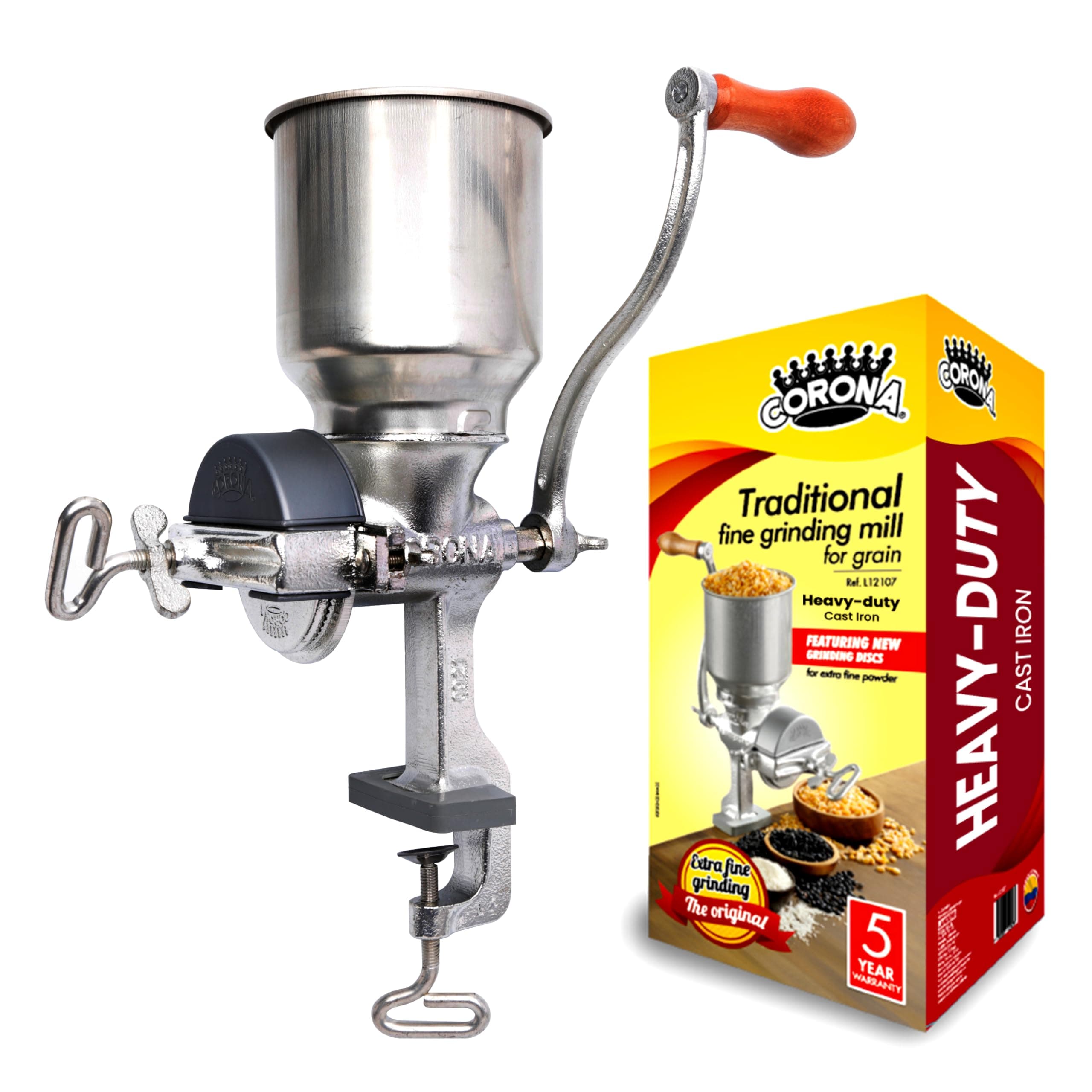 Corona Corn Grinder With High Hopper, Manual Grain Mill for Rice, Soybeans, Pepper, Chickpeas, Cast Iron Wheat Grinder for Domestic Use