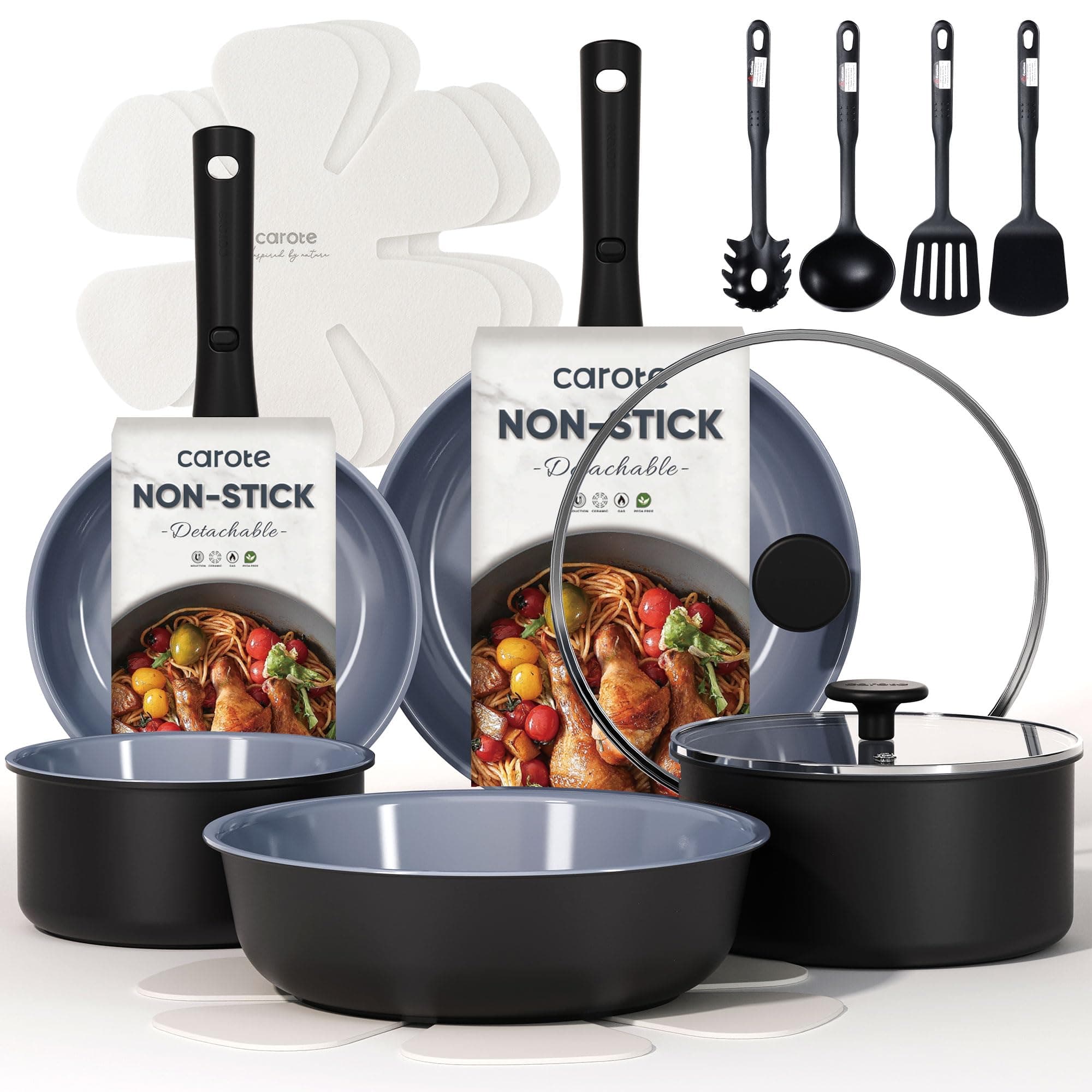 CAROTE 19PCS Ceramic Cookware Sets, Black and Gray, Pots and Pans Set Non Stick Non Toxic, Induction Cookware, Kitchen Cookware Sets, Pots Set for Healthy Cooking