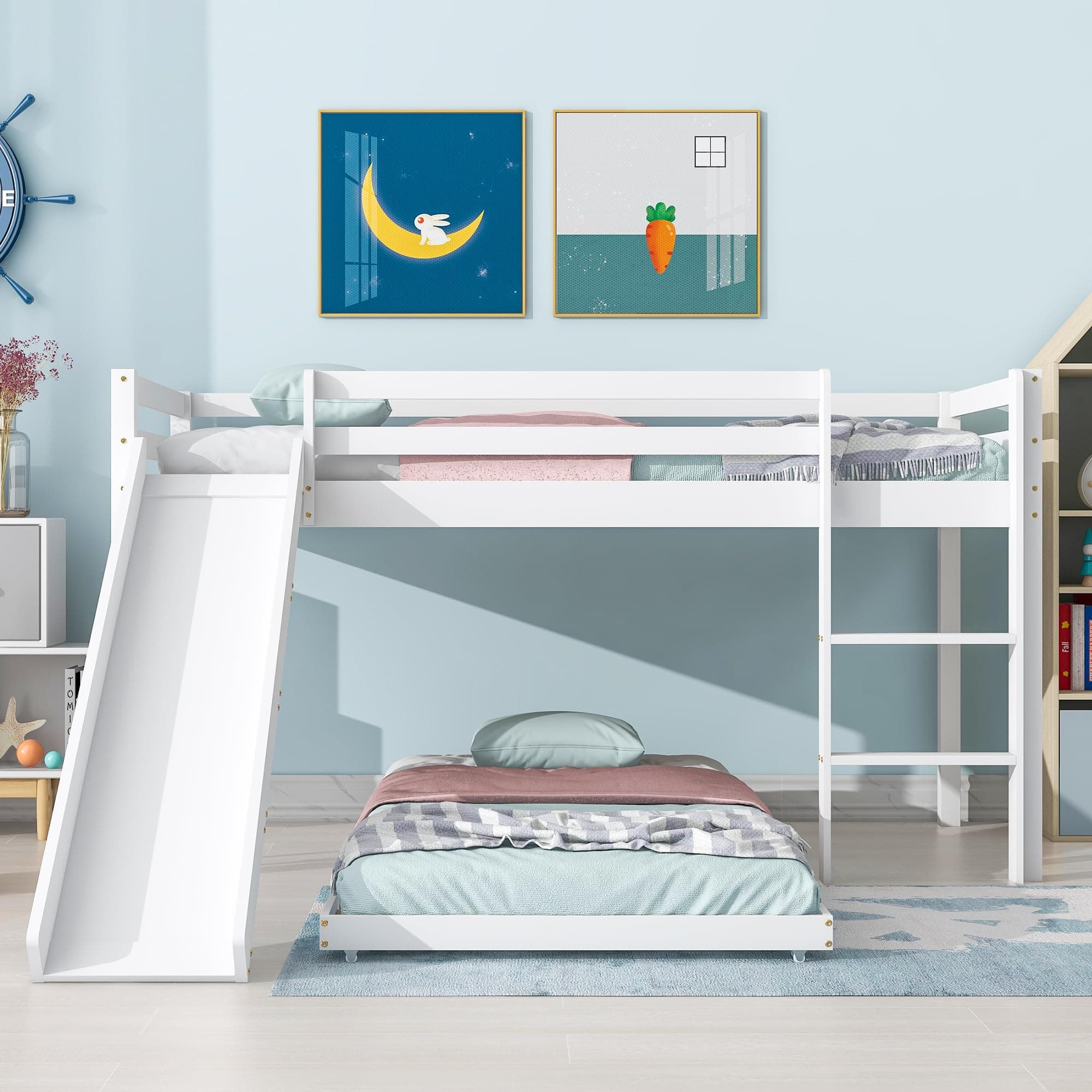 Children's Cabin Bed Frame with Slide & Ladder, Bunk Bed for Kids with Adjustable Ladder and Slide, Adjustable Lower Bed, Ideal for Any Room【UK Fast Shippment】