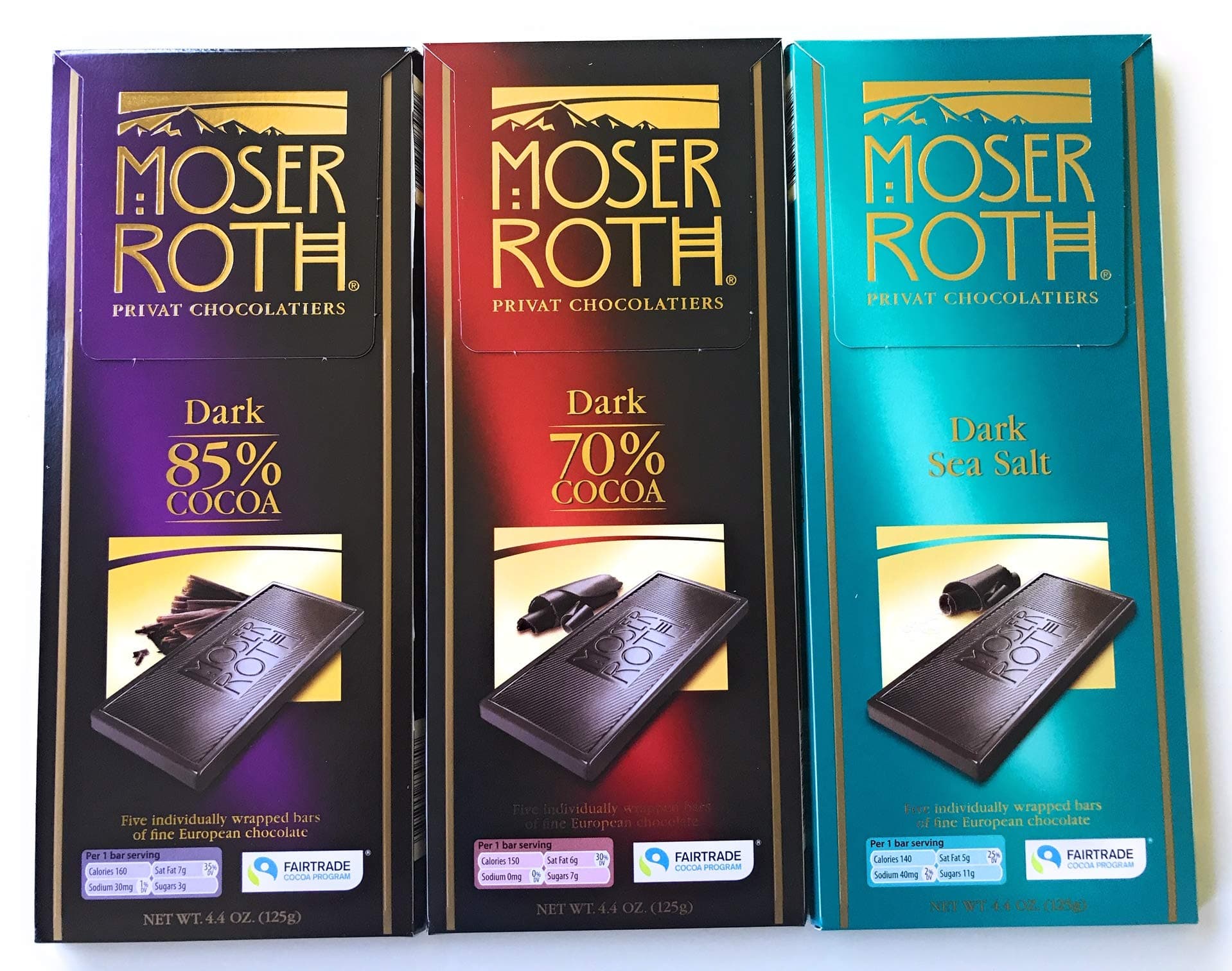 German Dark Chocolate Bundle of 3 Varieties. Moser Roth 85%, 70% and Dark Sea Salt. Low Sugar Gourmet Candy Bars. Good for the Waist Line and Chocolate Lovers! Freshly Imported from Europe.