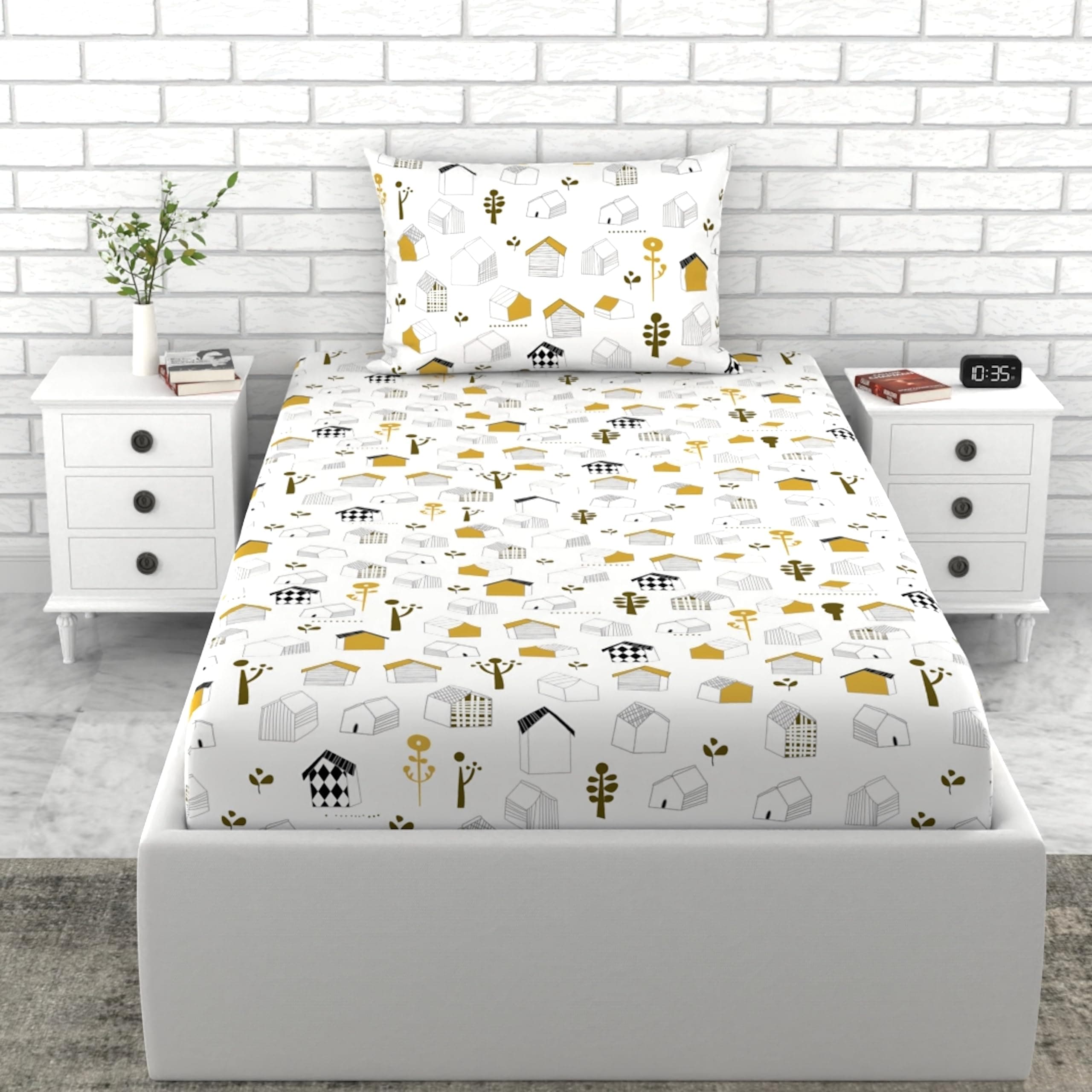 LORETO 144 TC Cotton Single Bedsheet with 1 Pillow Cover - White, Kids